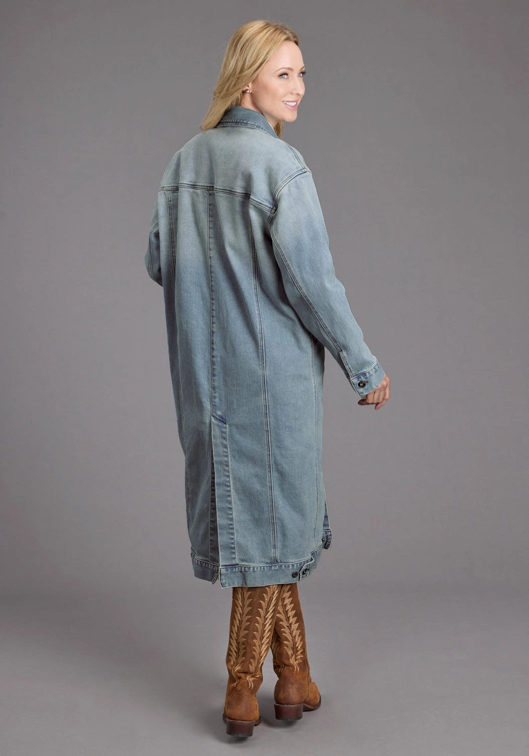 Smooth Flat Collar Stetson Womens Long Denim Button Front Blue Cotton Blend Cotton Jacket