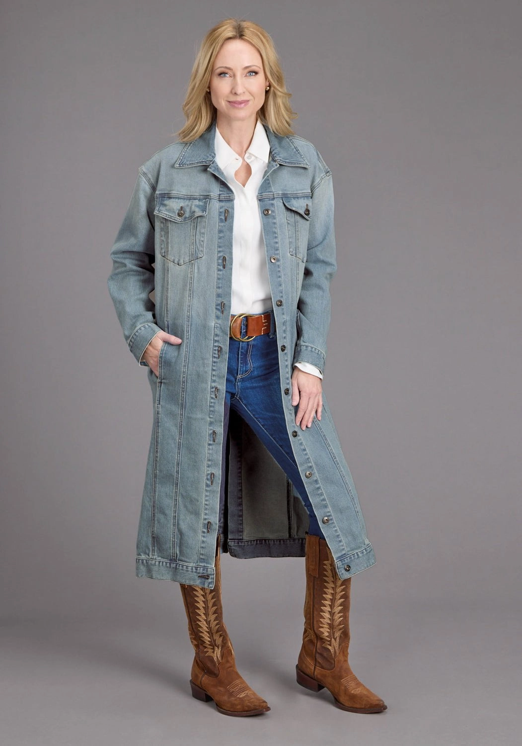 Water Resistant Fabric Stetson Womens Long Denim Button Front Blue Cotton Blend Cotton Jacket