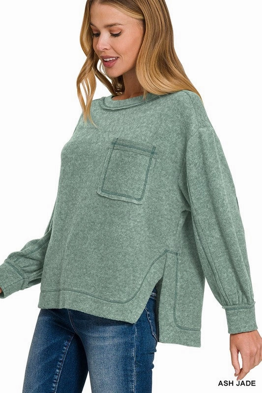 Double Needle Hemming Nancy Brushed Hacci Hi-low Round Neck Sweater S-XL