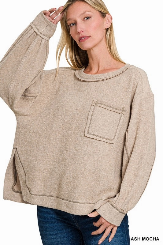 Nancy Brushed Hacci Hi-low Round Neck Sweater S-XL Cozy Essentials Warm Outfit