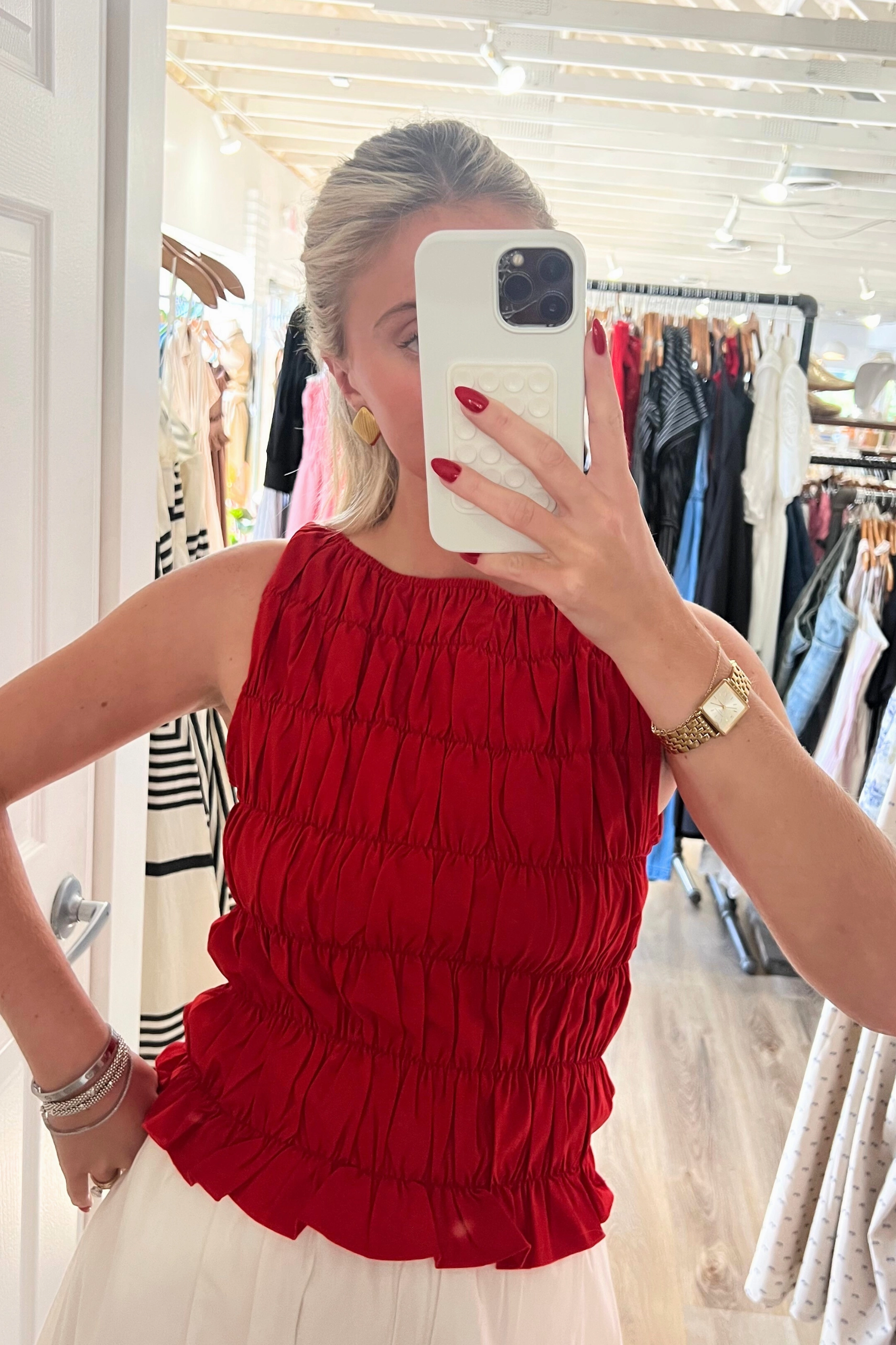 Naomi Top - Red Ultra Soft Handfeel Layered Hem Reinforcement