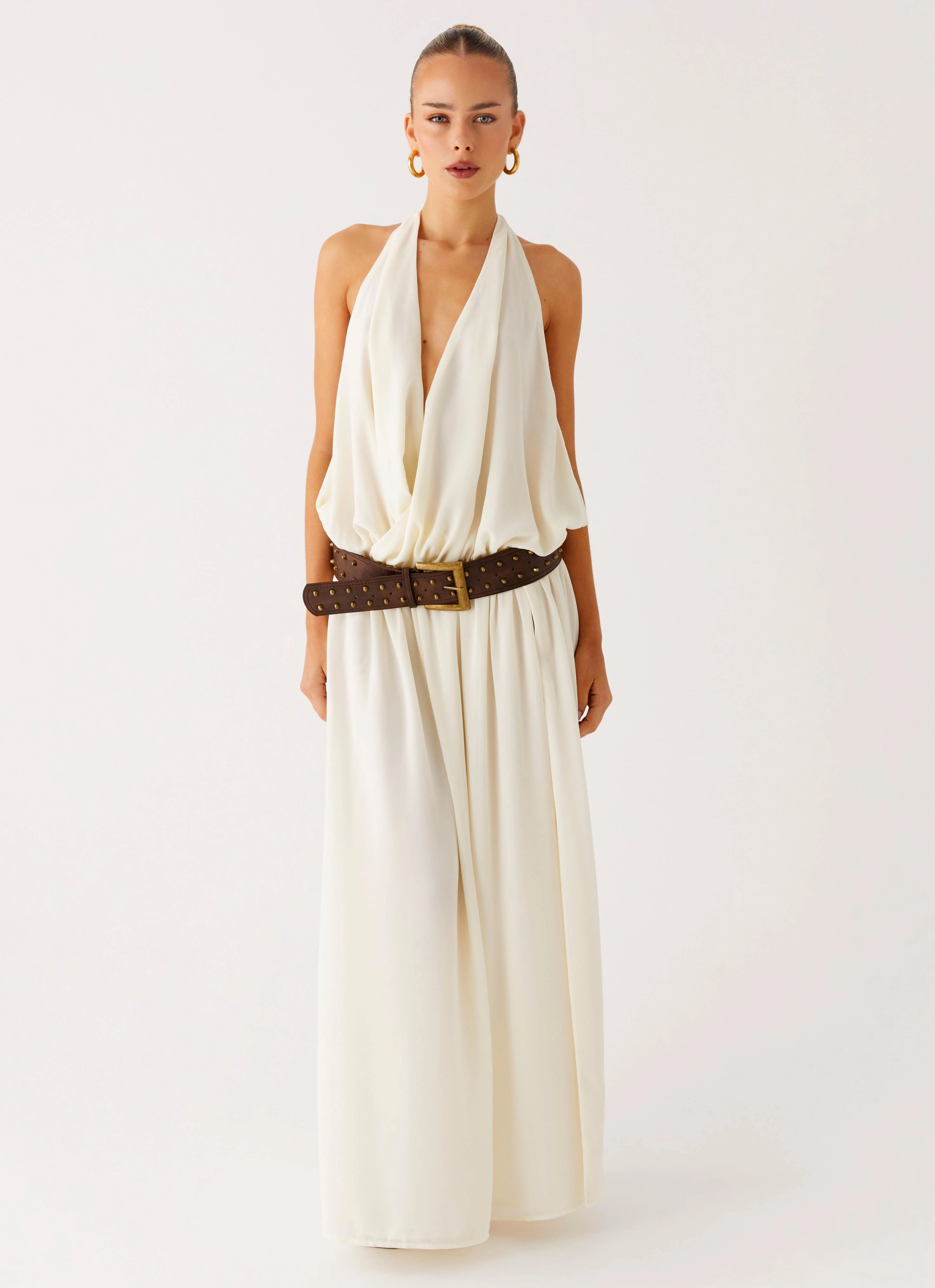 Narlah Halter Maxi Dress - Ivory Satin-Edge Effortless Pair