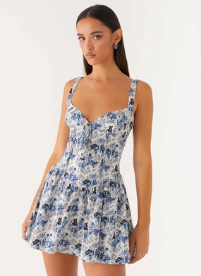 Nash Bust Mini Dress - Serene Sky Floral Timeless fitted silhouette Perfect Proportion