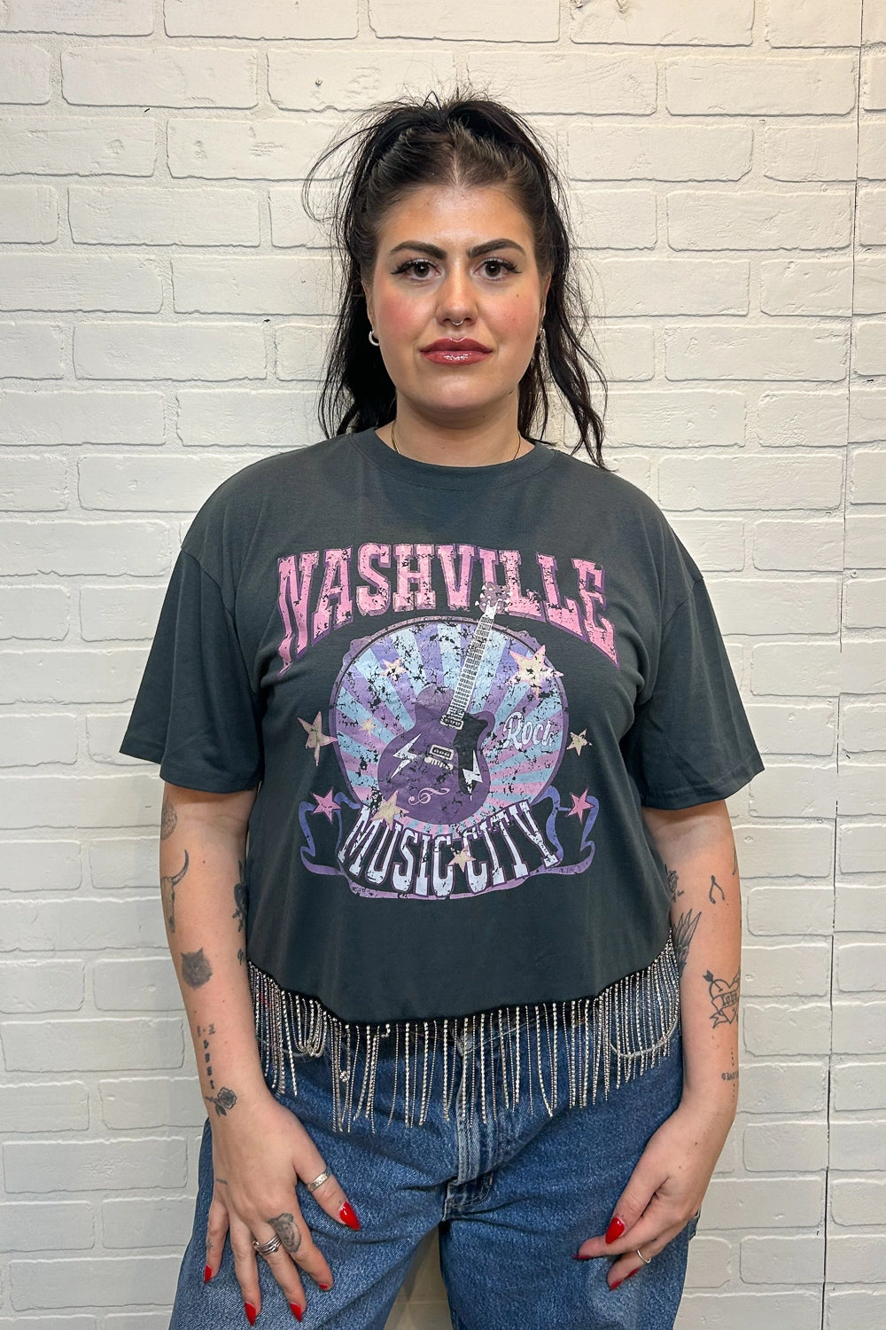 Durable Chainstitch QuickRelease Nashville Music City Rhinestone Fringe Tee