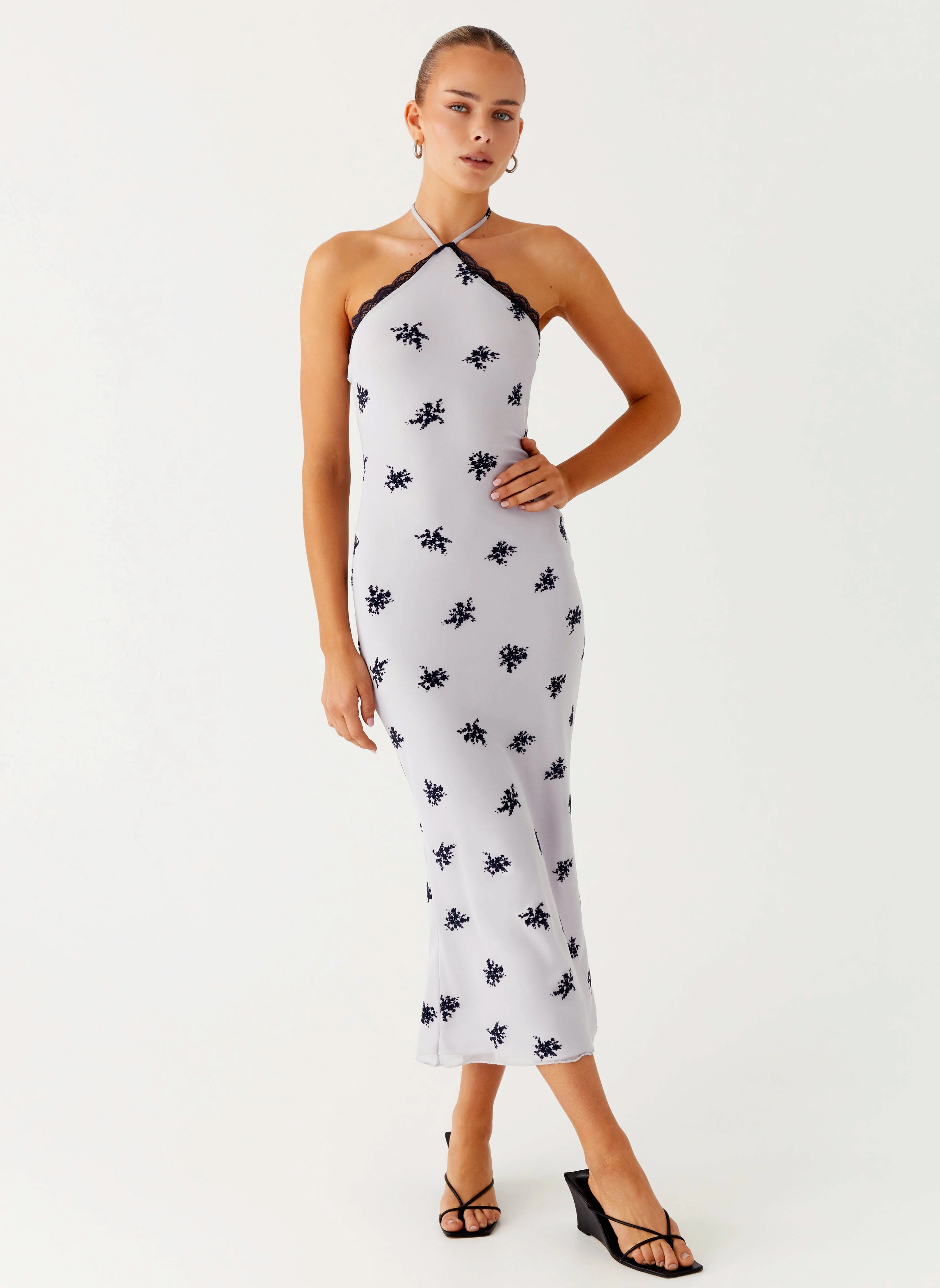 Sophisticated Cut Tulle Flow Nestel Flock Halter Midi Dress - Lilac