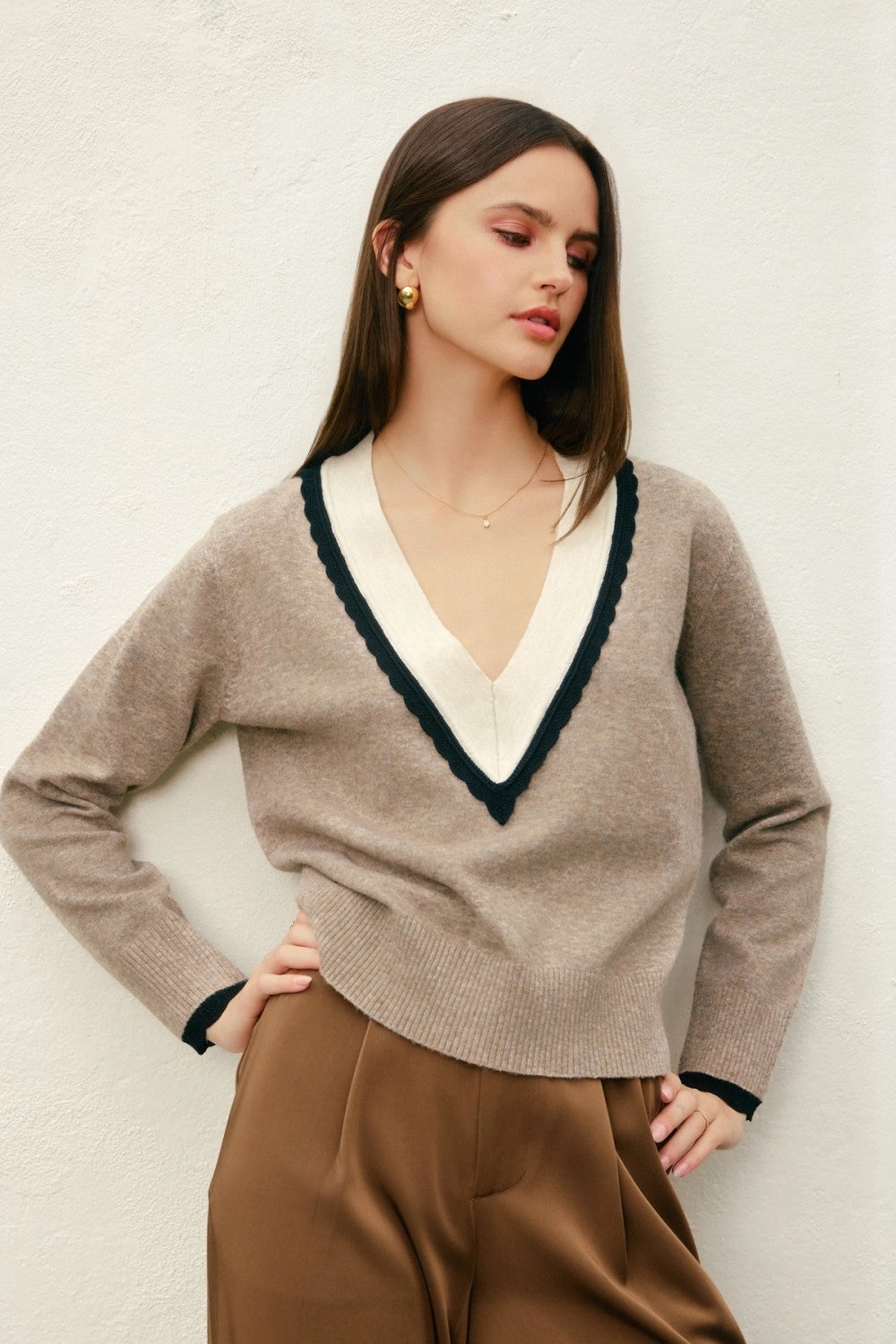 Varsity V Neck Sweater Comfy Fit Trendy Sweater