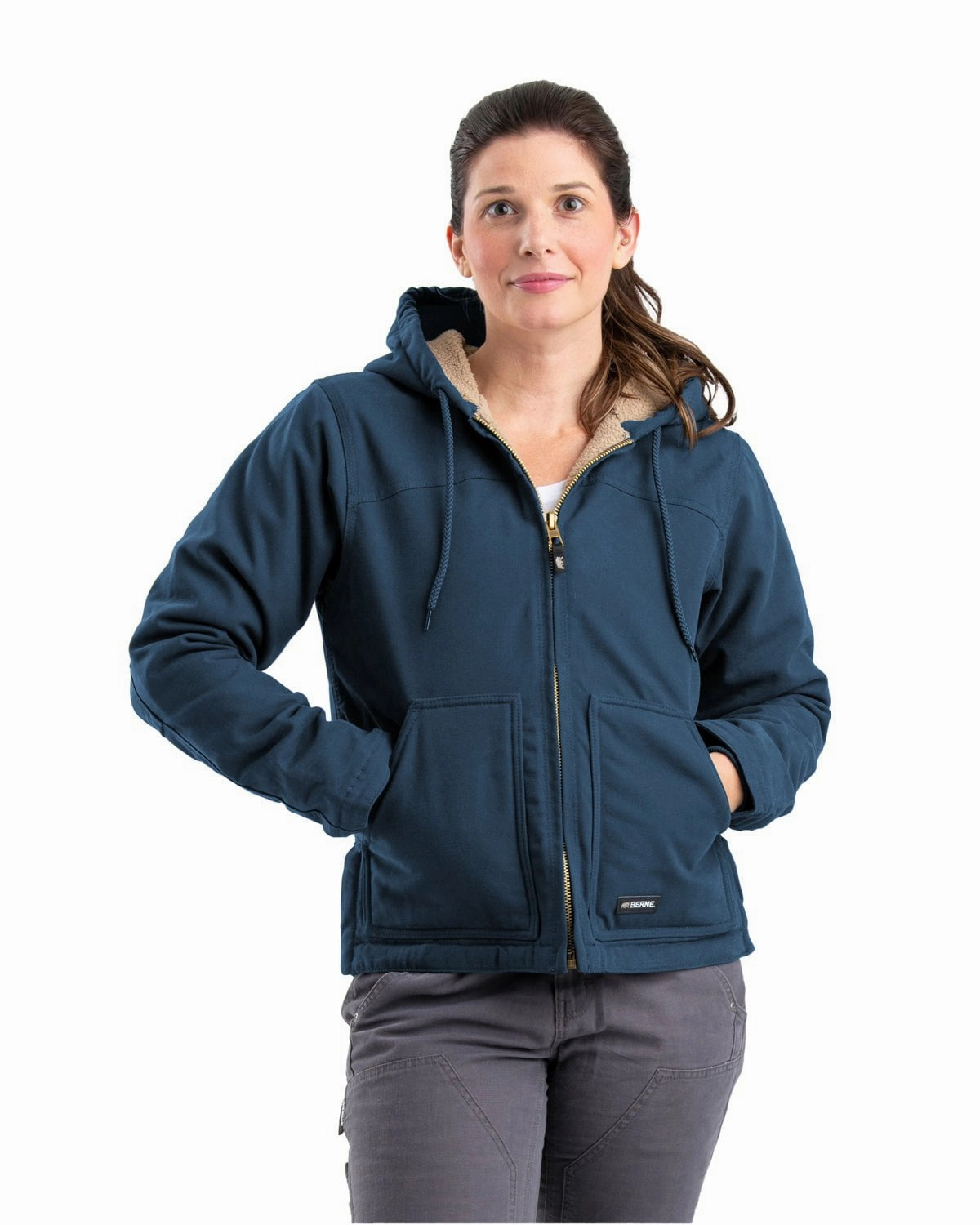 Morning Commute Gear Rugged Style Berne Womens Sherpa-Lined Softstone Duck Hooded Midnight Rain 100% Cotton Jacket