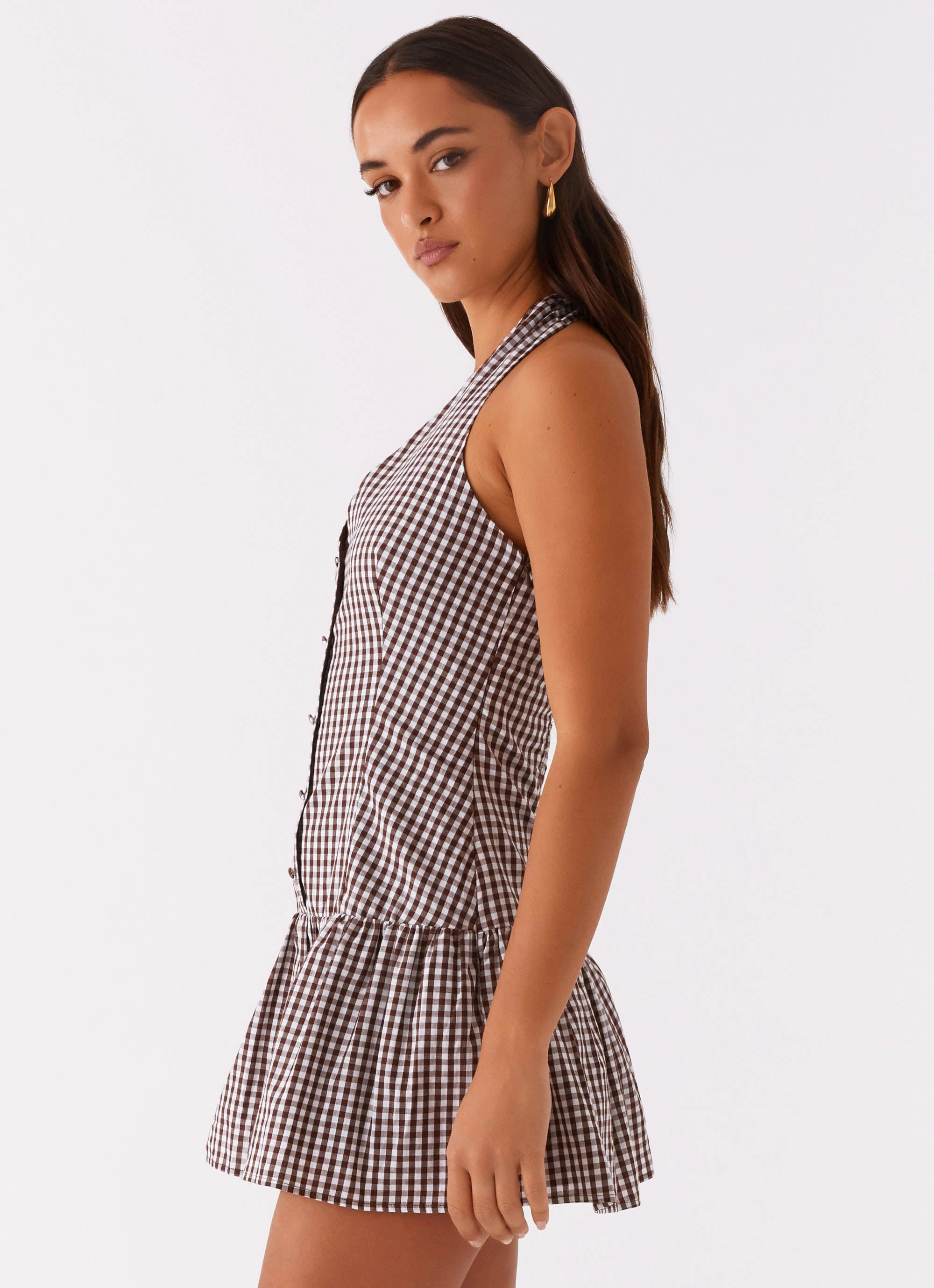 New Look Shirred Halter Mini Dress - Chocolate Gingham Sleek Look Eco Friendly