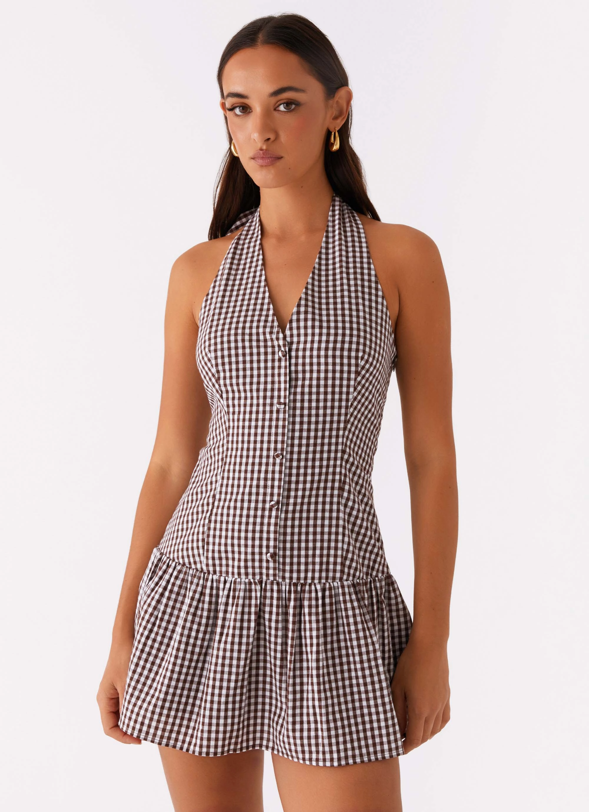 New Look Shirred Halter Mini Dress - Chocolate Gingham Day Love Romantic Soft