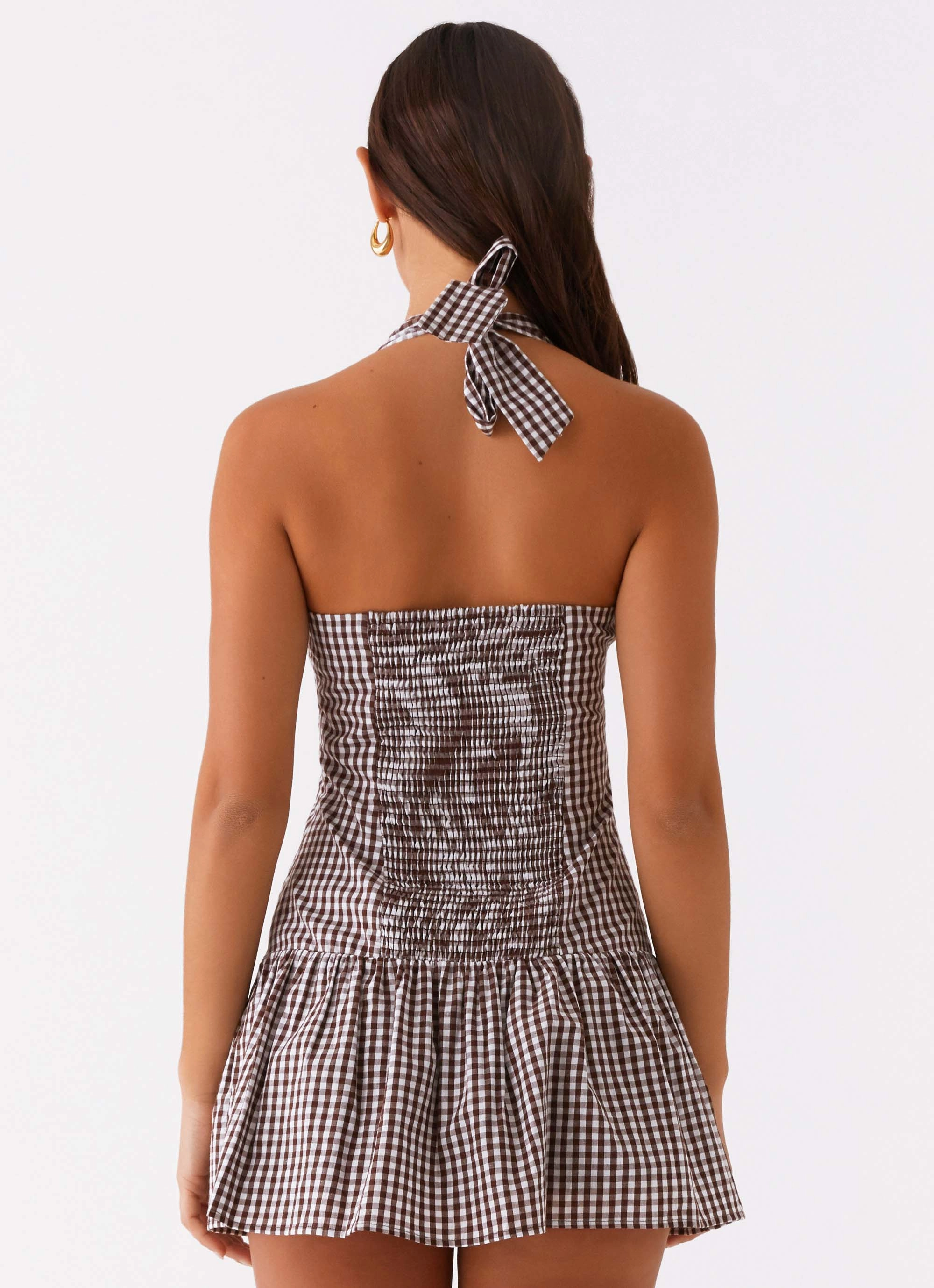 Natural Texture All Layer New Look Shirred Halter Mini Dress - Chocolate Gingham