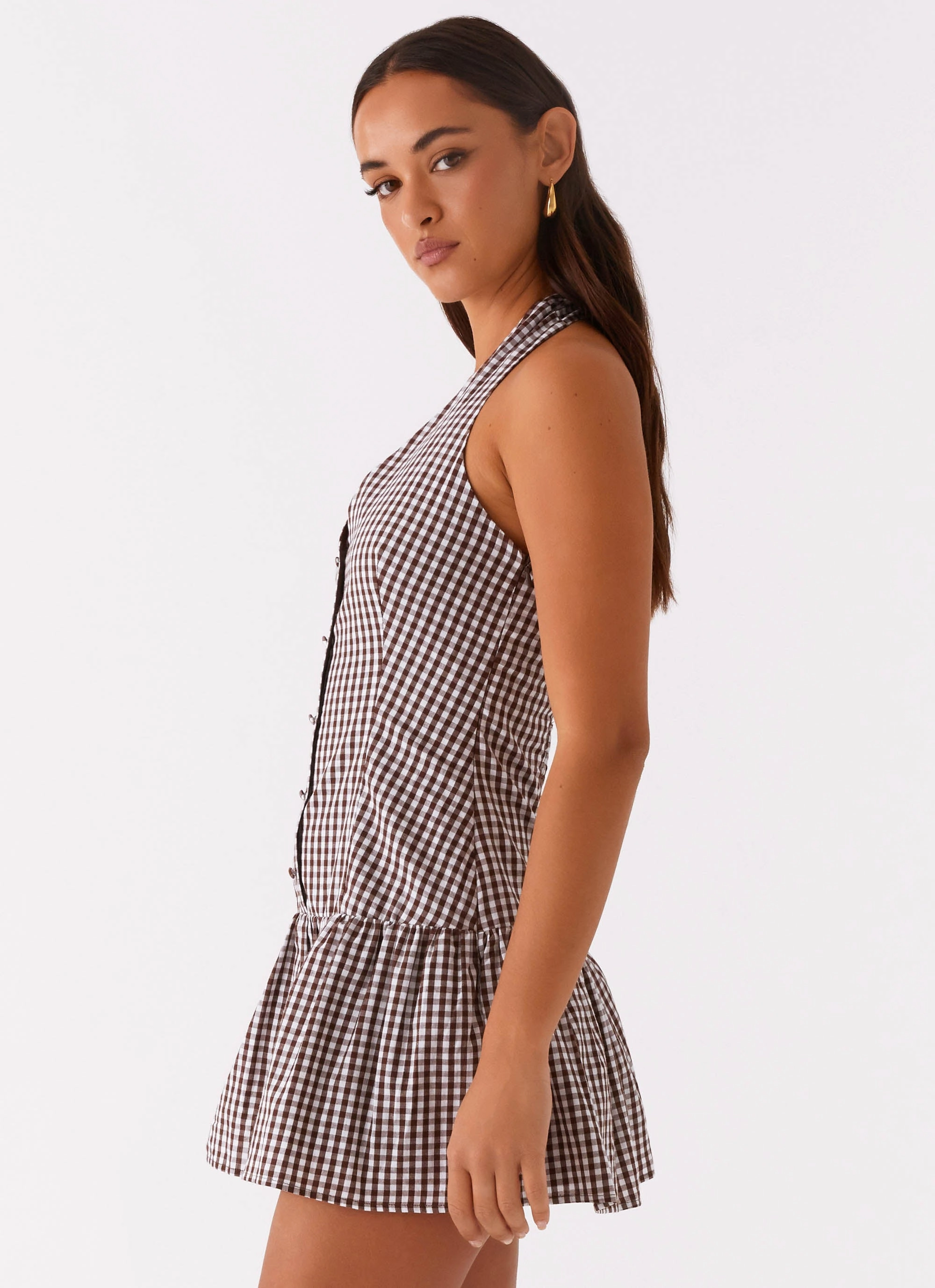 Autumn Mood New Look Shirred Halter Mini Dress - Chocolate Gingham