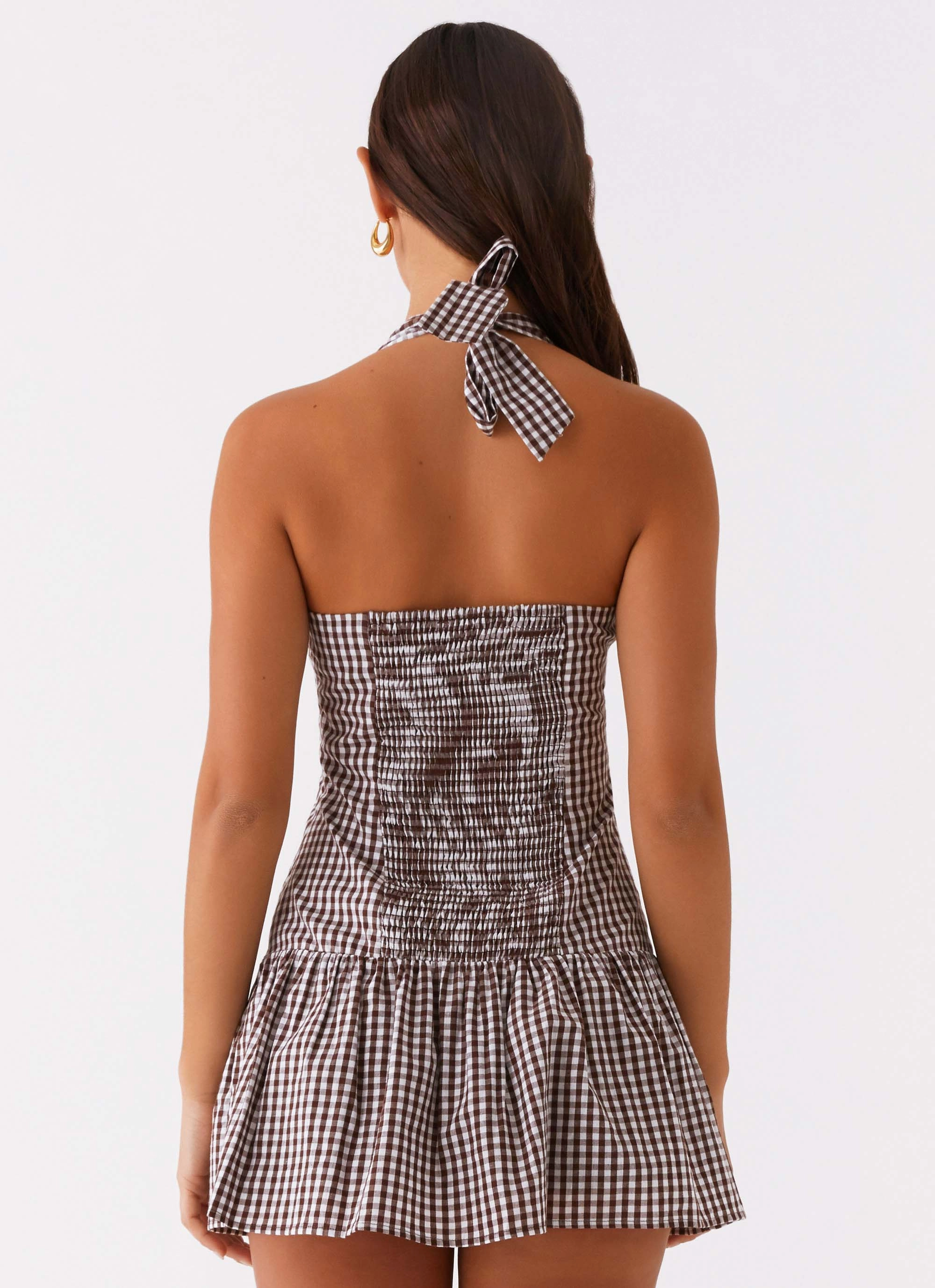 New Look Shirred Halter Mini Dress - Chocolate Gingham Sculpted Fit Coffee Break