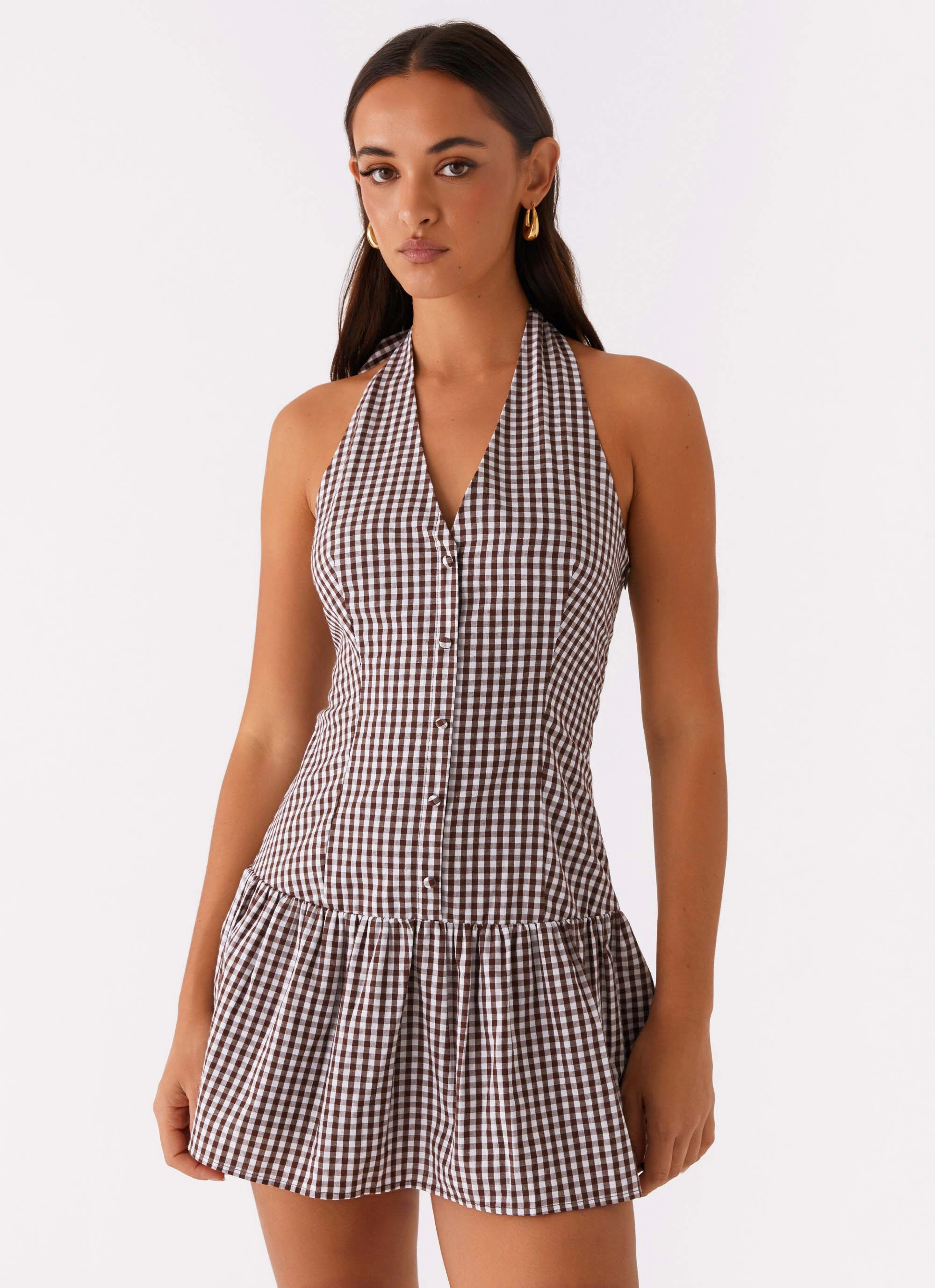 Summer-Season New Look Shirred Halter Mini Dress - Chocolate Gingham