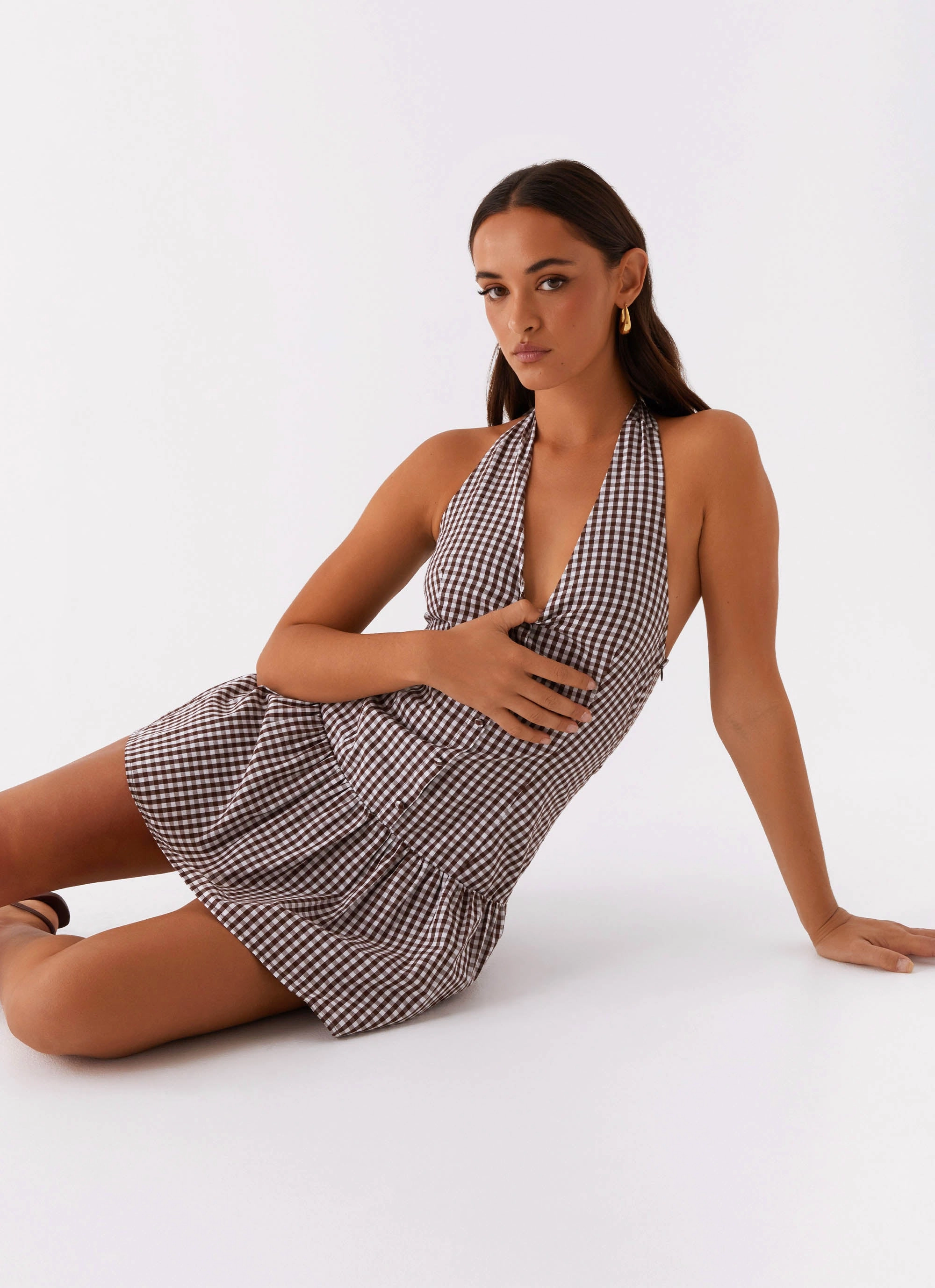 New Look Shirred Halter Mini Dress - Chocolate Gingham Chilly Weather Wear Sustainable-Lining