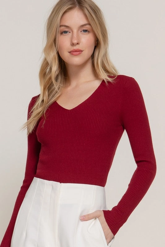 NICKI LONG SLEEVE V-NECK FITTED VISCOSE RIB SWEATER TOP Relax Style Trend