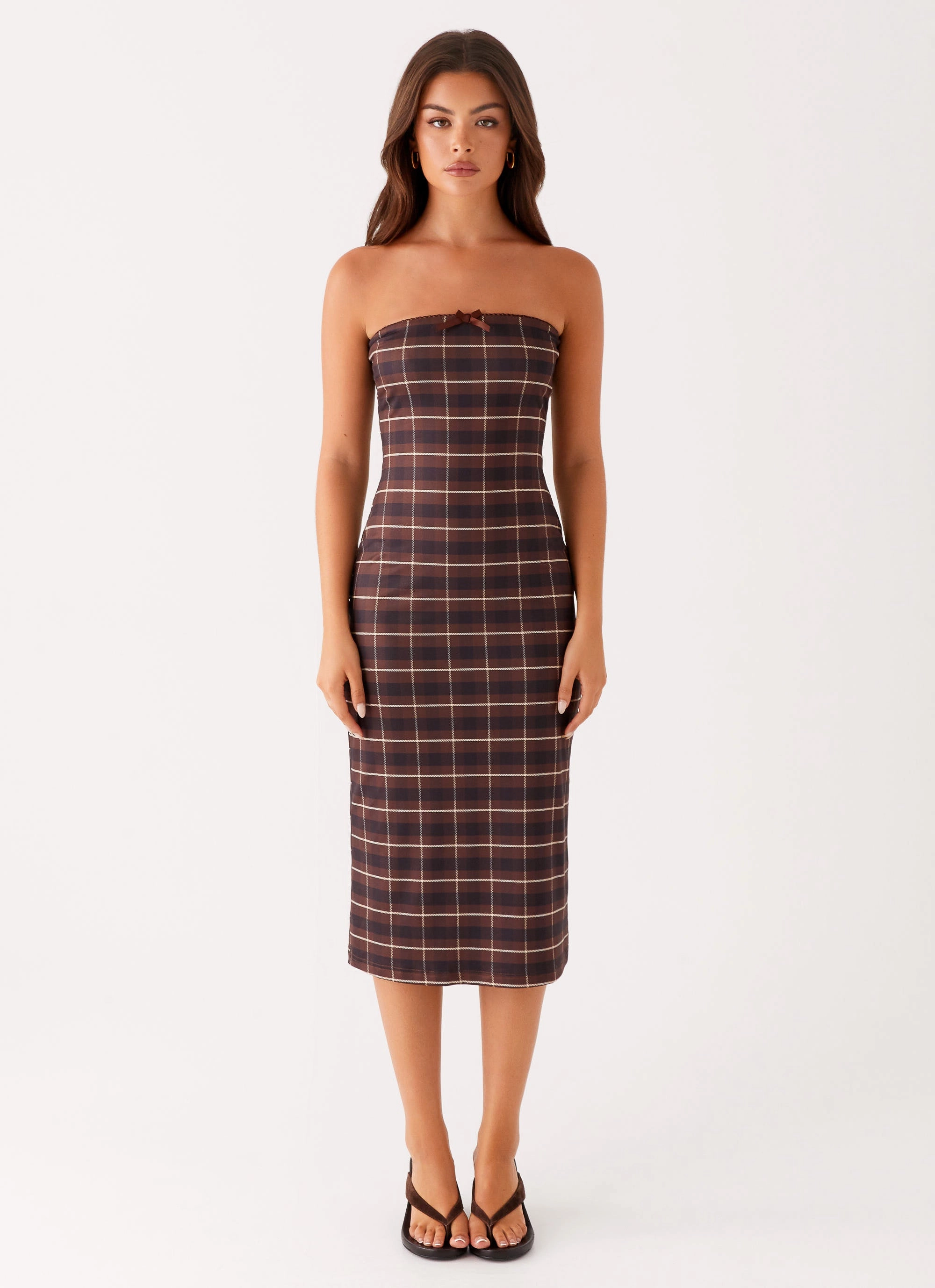 Sharp Style Curvy Glam Niko Strapless Midi Dress - Brown Black Check