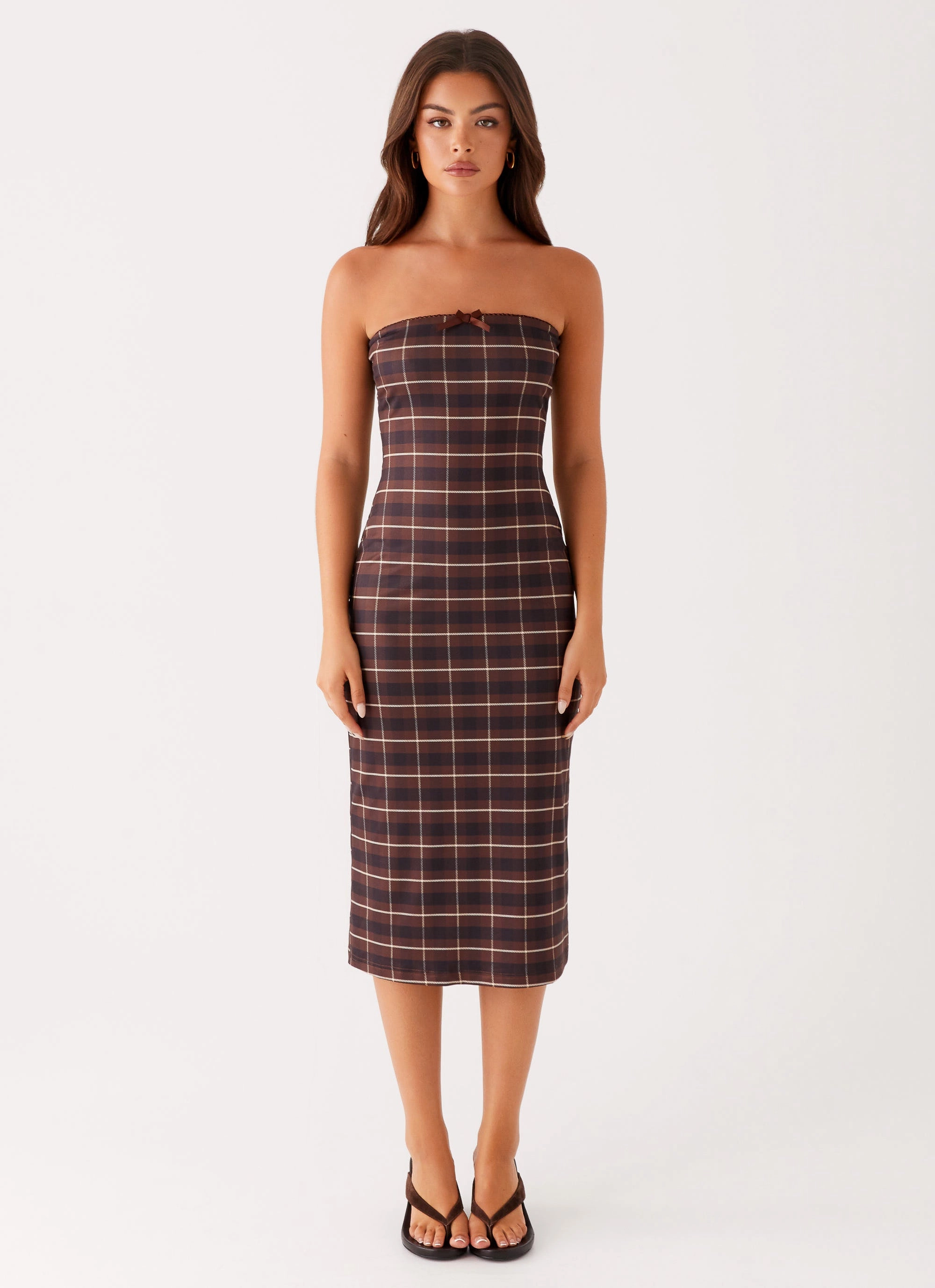 Niko Strapless Midi Dress - Brown Black Check Fall Outfit