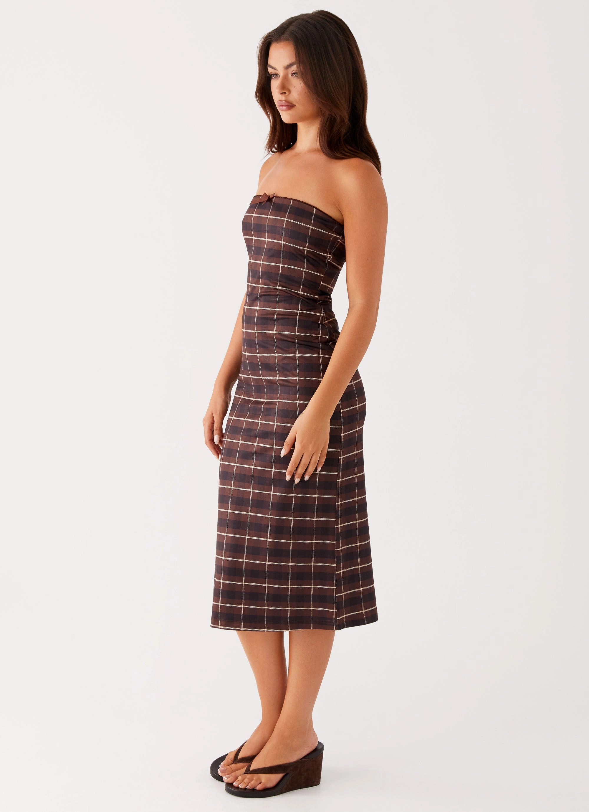 Shared Moment Rural Charm Niko Strapless Midi Dress - Brown Black Check