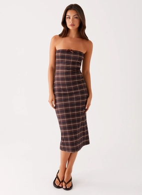 Belted-Style Minimal Cut Niko Strapless Midi Dress - Brown Black Check