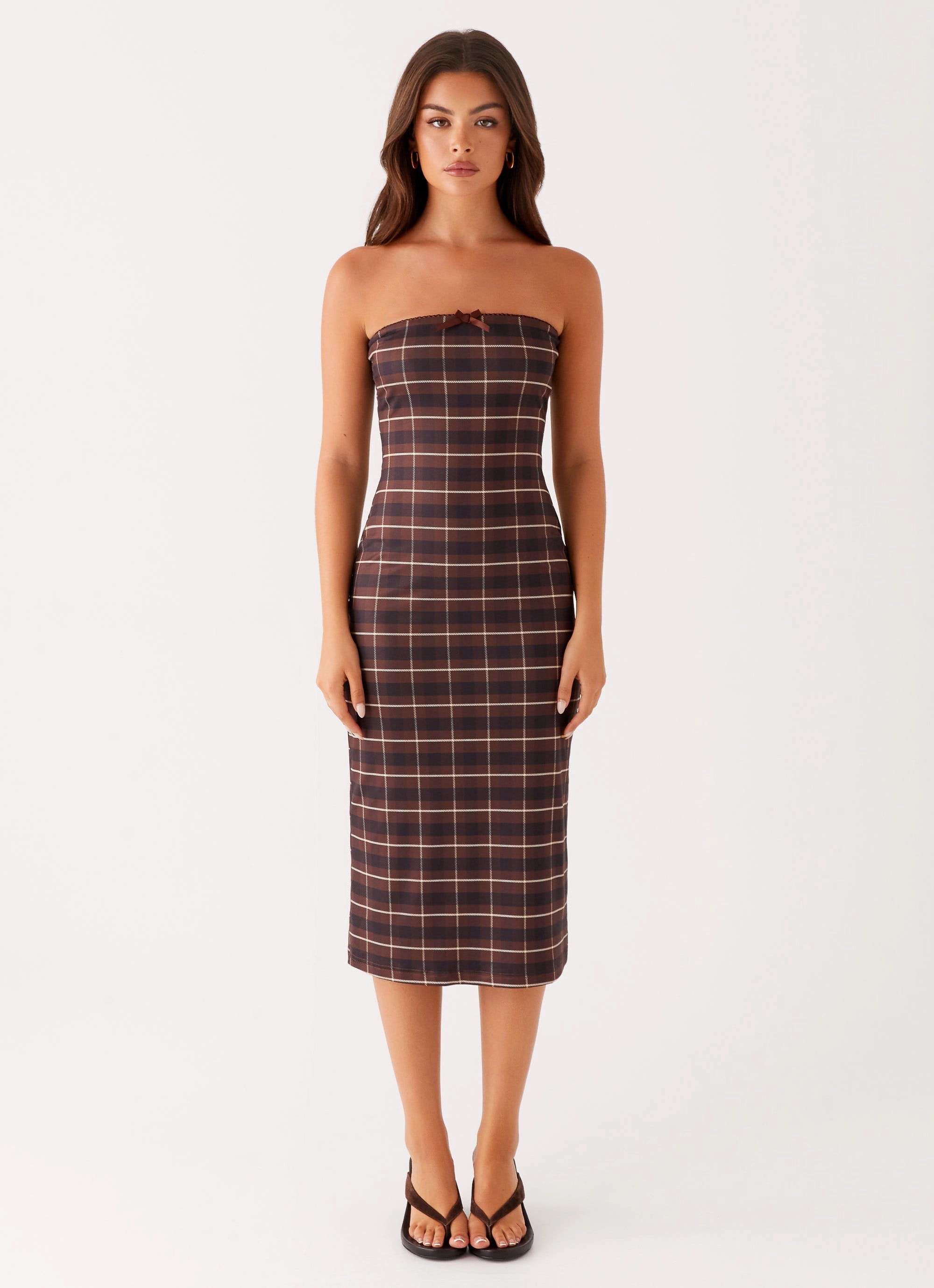 Niko Strapless Midi Dress - Brown Black Check Soft Pleats Fresh Aesthetic