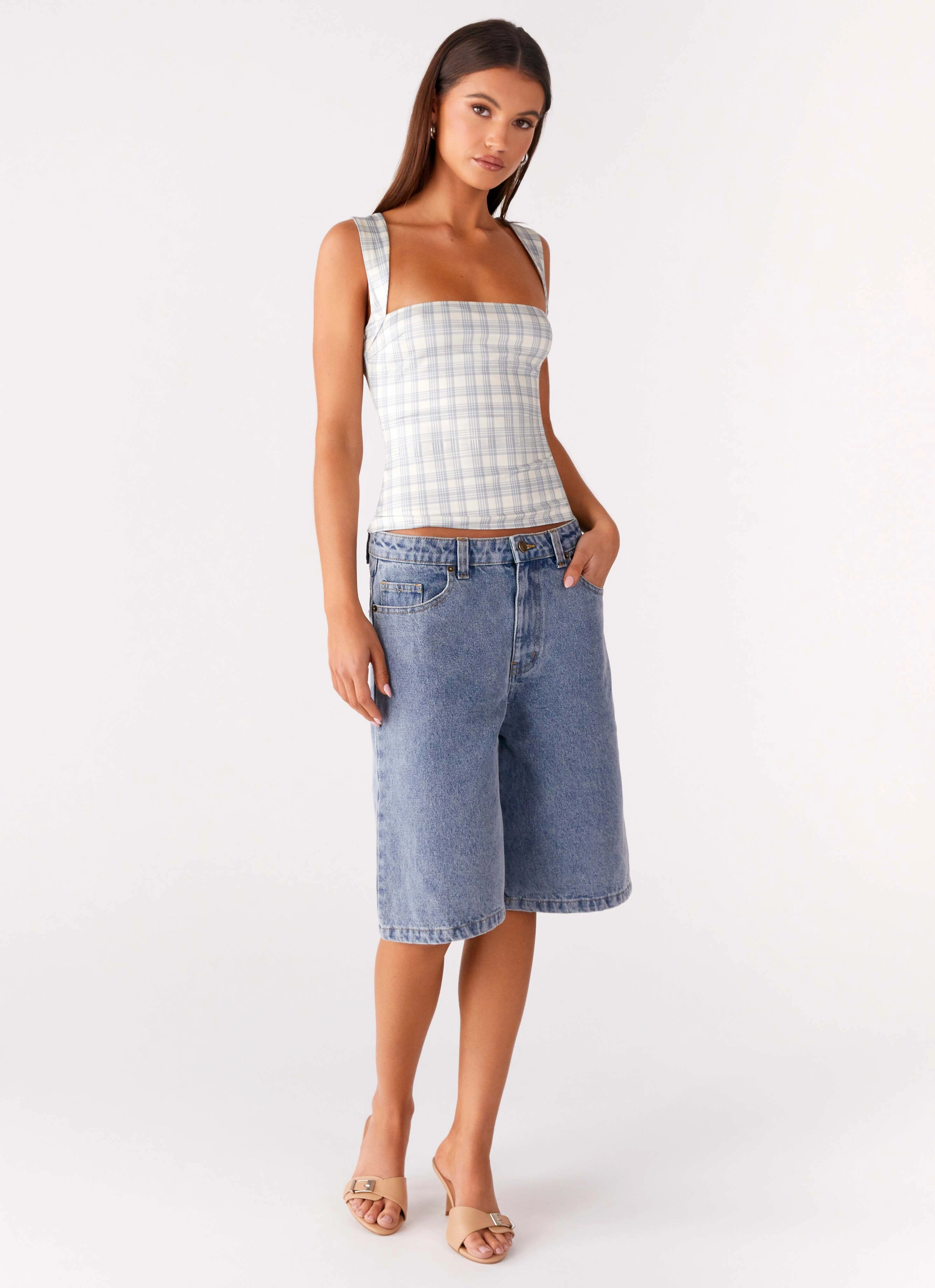 Earthy Tone Colorways No Drama Strap Top - Grey Check