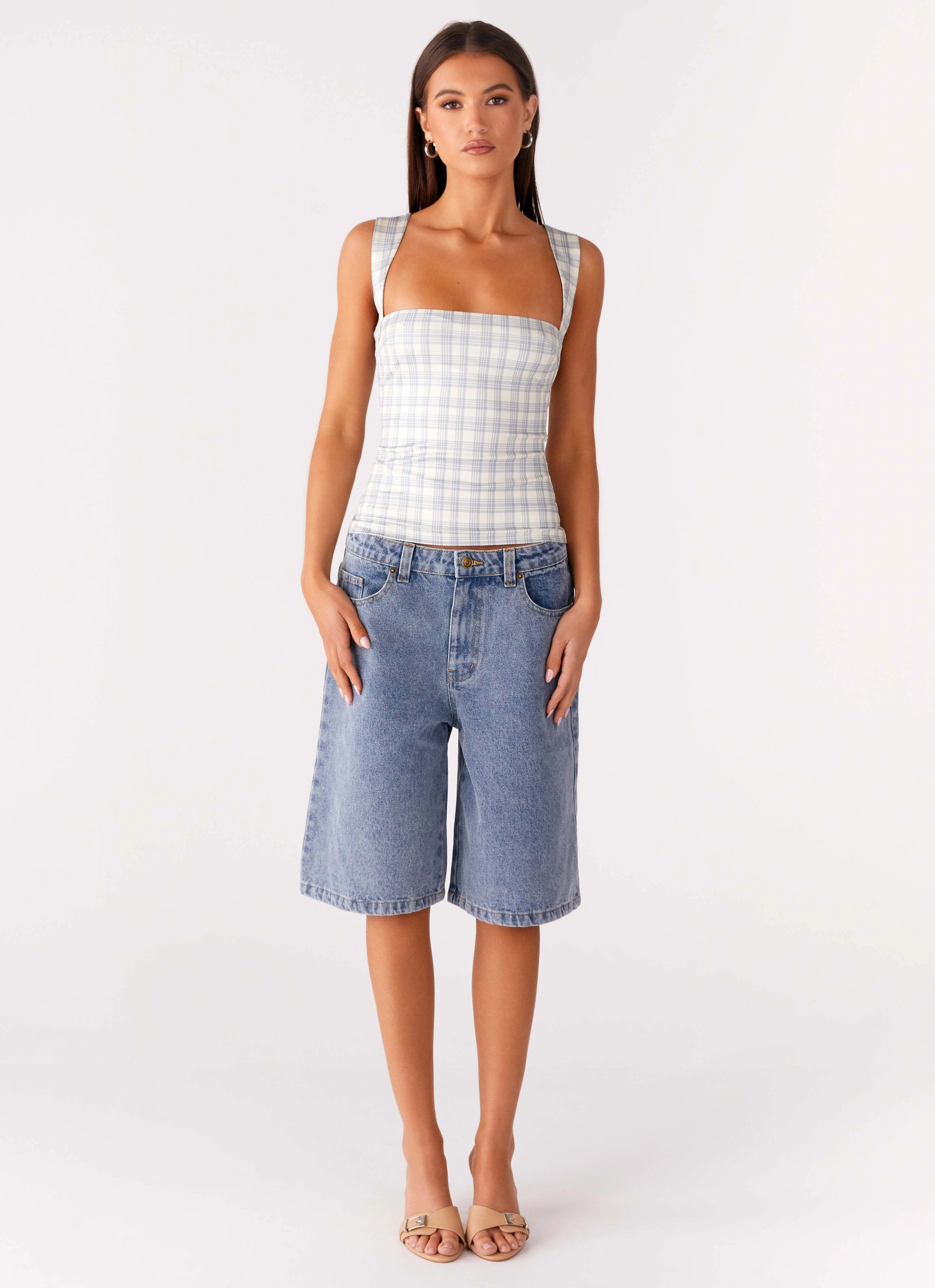 GarmentWashed Texture BoxySilhouette No Drama Strap Top - Grey Check