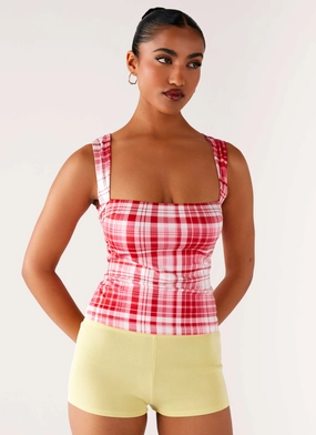 No Drama Strap Top - Pink Check Wrinkle resistant fabric Elasticated Hem
