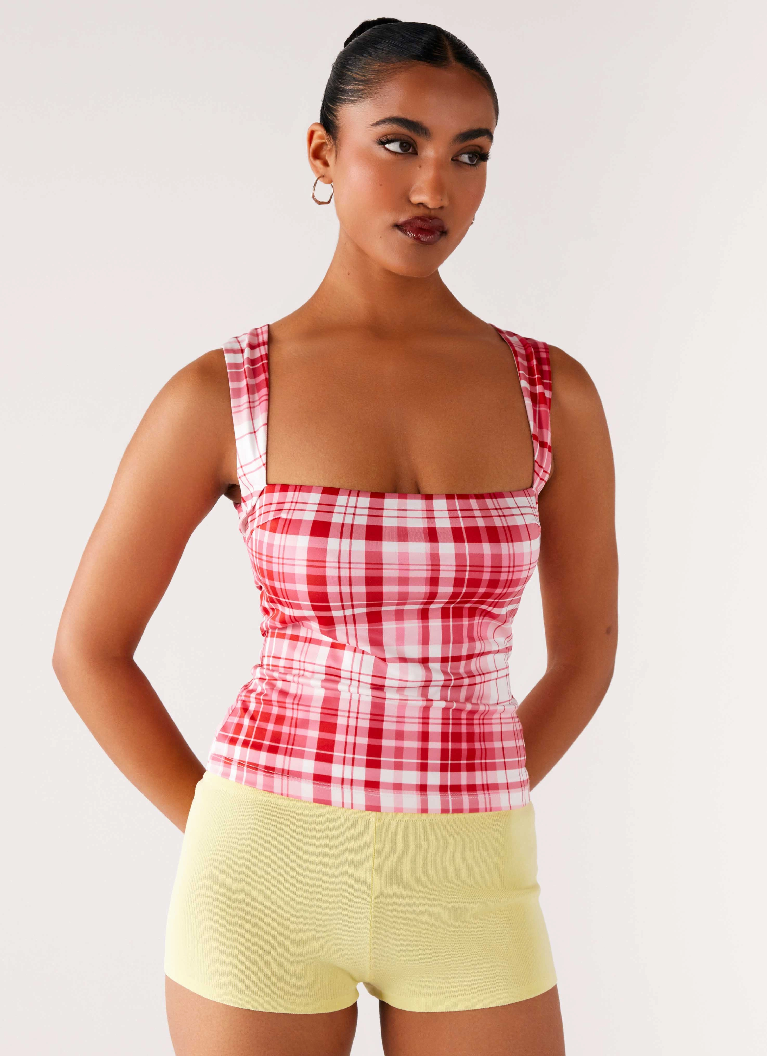 No Drama Strap Top - Pink Check Wrinkle resistant fabric Elasticated Hem