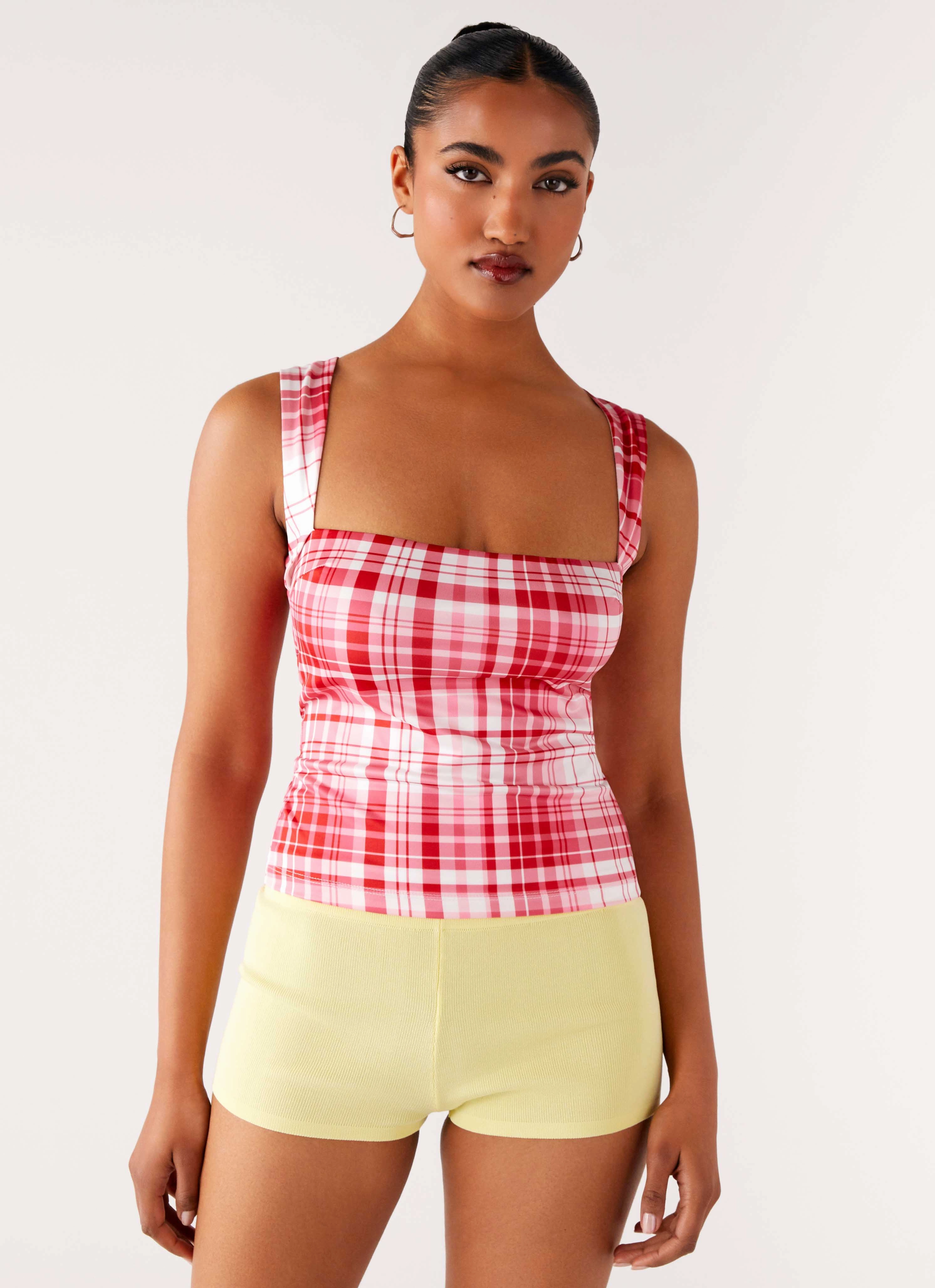 LaserCutVents Sun Protective Fabric No Drama Strap Top - Pink Check