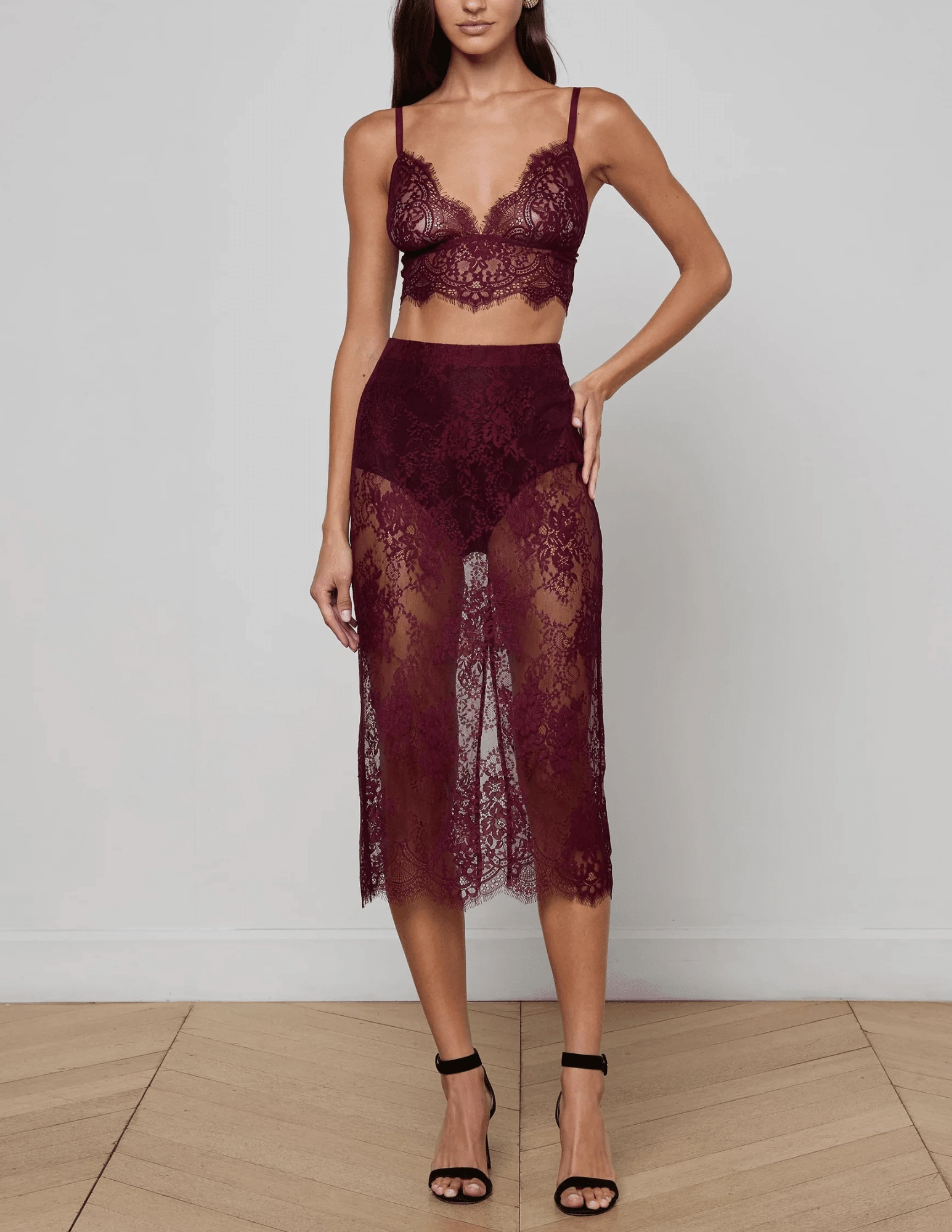 L'AGENCE Aislin Lace Bralette Top in Dark Port LightweightWeave