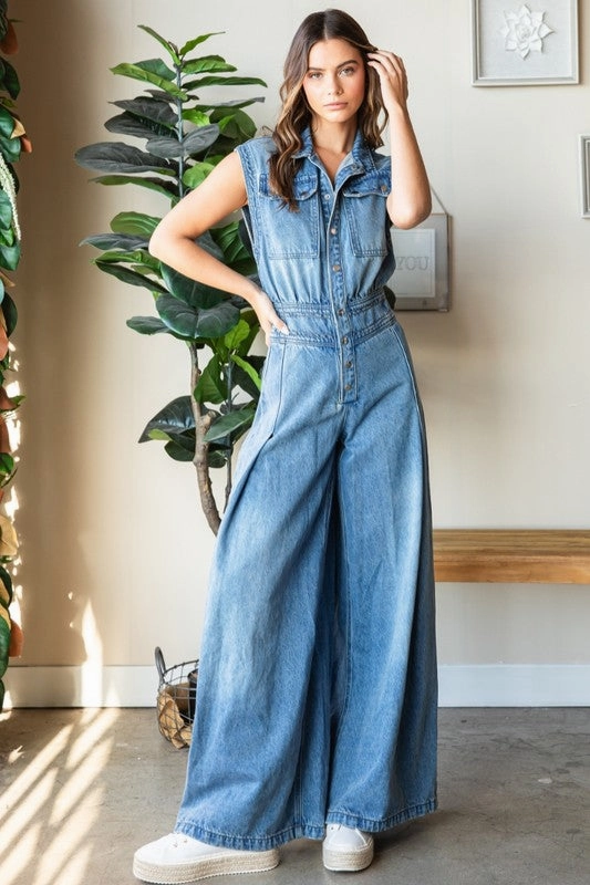 mid - end Delaney Denim Button Down Sleeveless Jumpsuit
