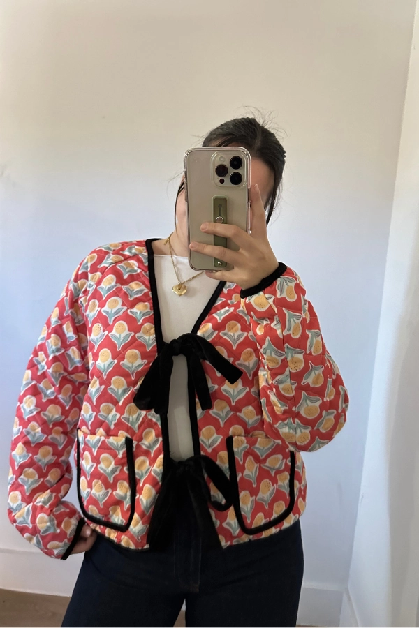 Floral Ribbon Tied Quilted Jacket VentilatedMesh