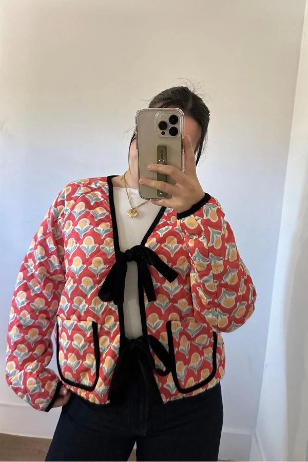 Floral Ribbon Tied Quilted Jacket Reflective Safety Accents Odor Resistant