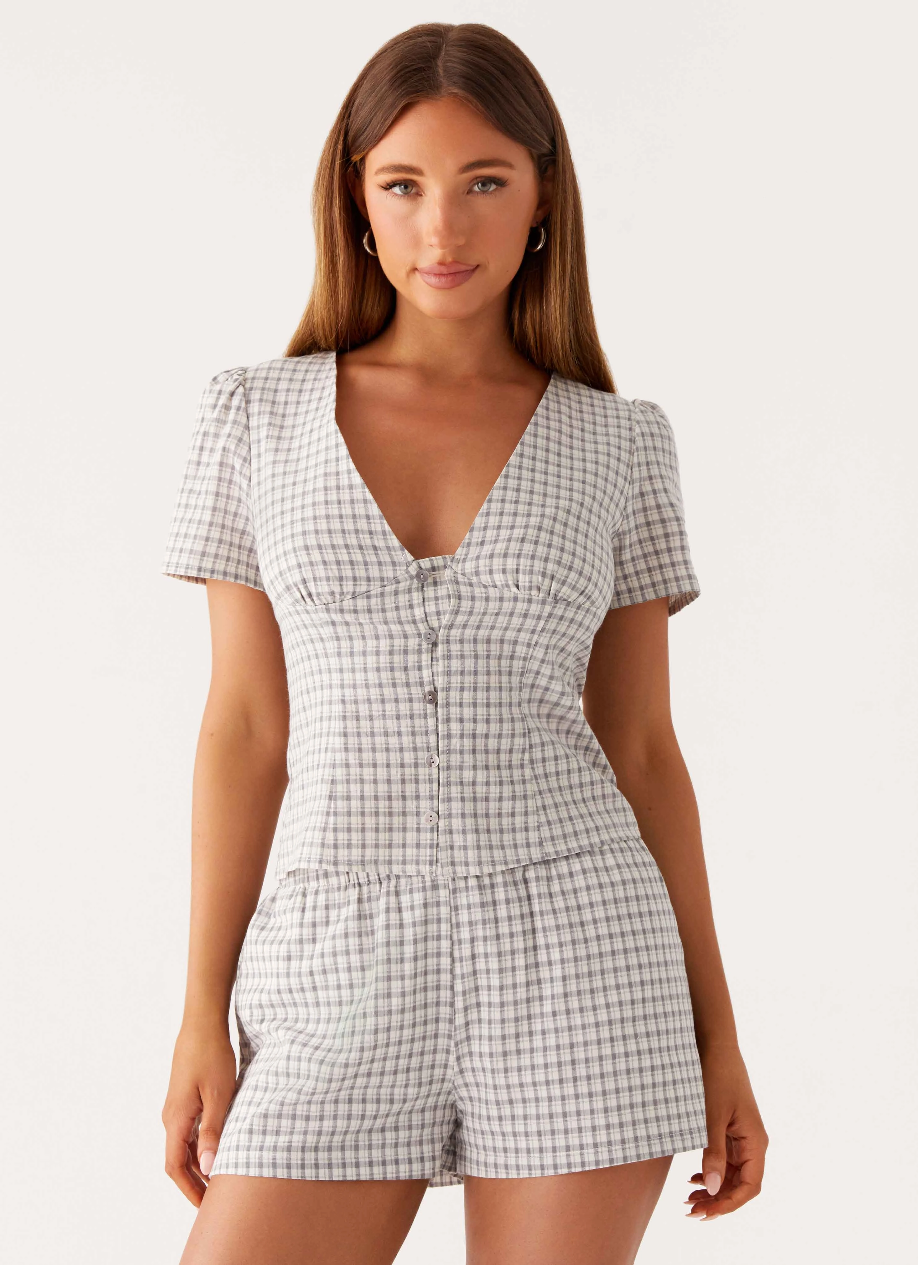 Adalina Button Up Top - Grey Check TailoredCut SoftTouchFinish