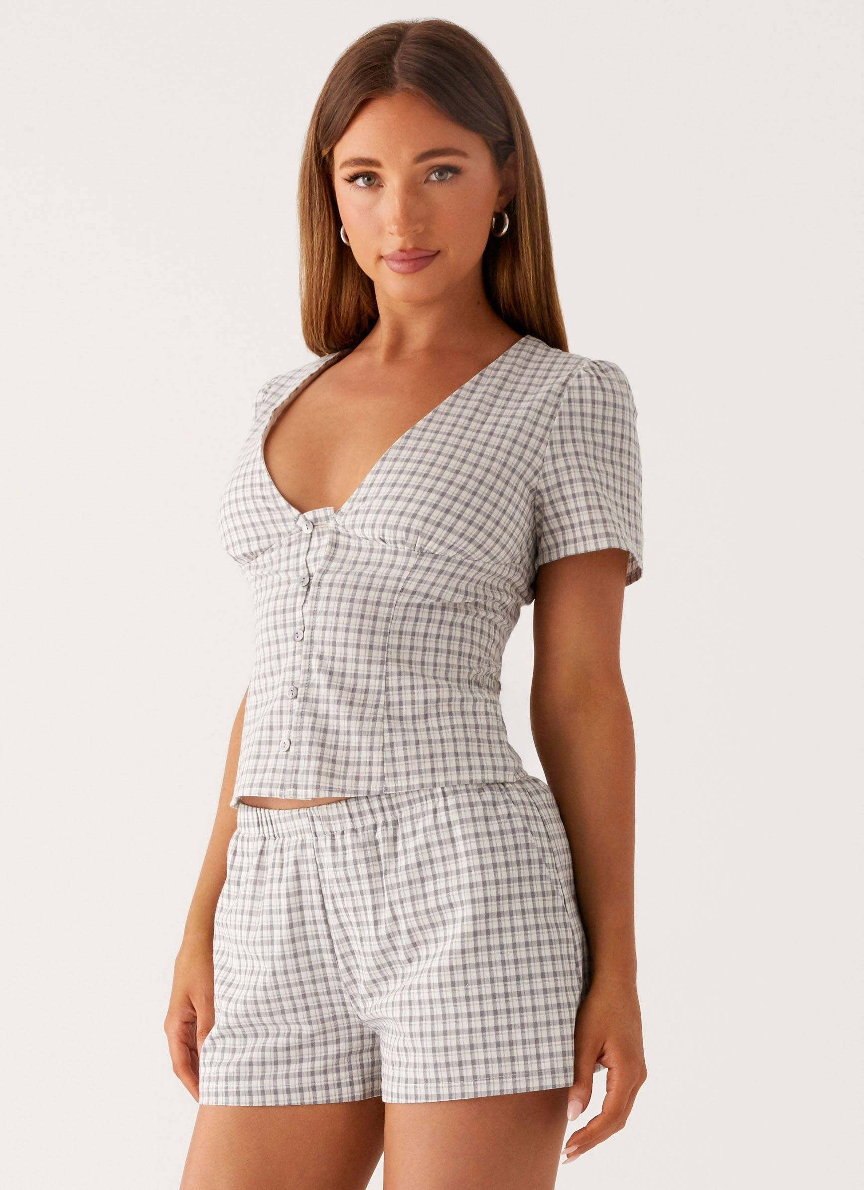 Adalina Button Up Top - Grey Check Moisture Control Technology