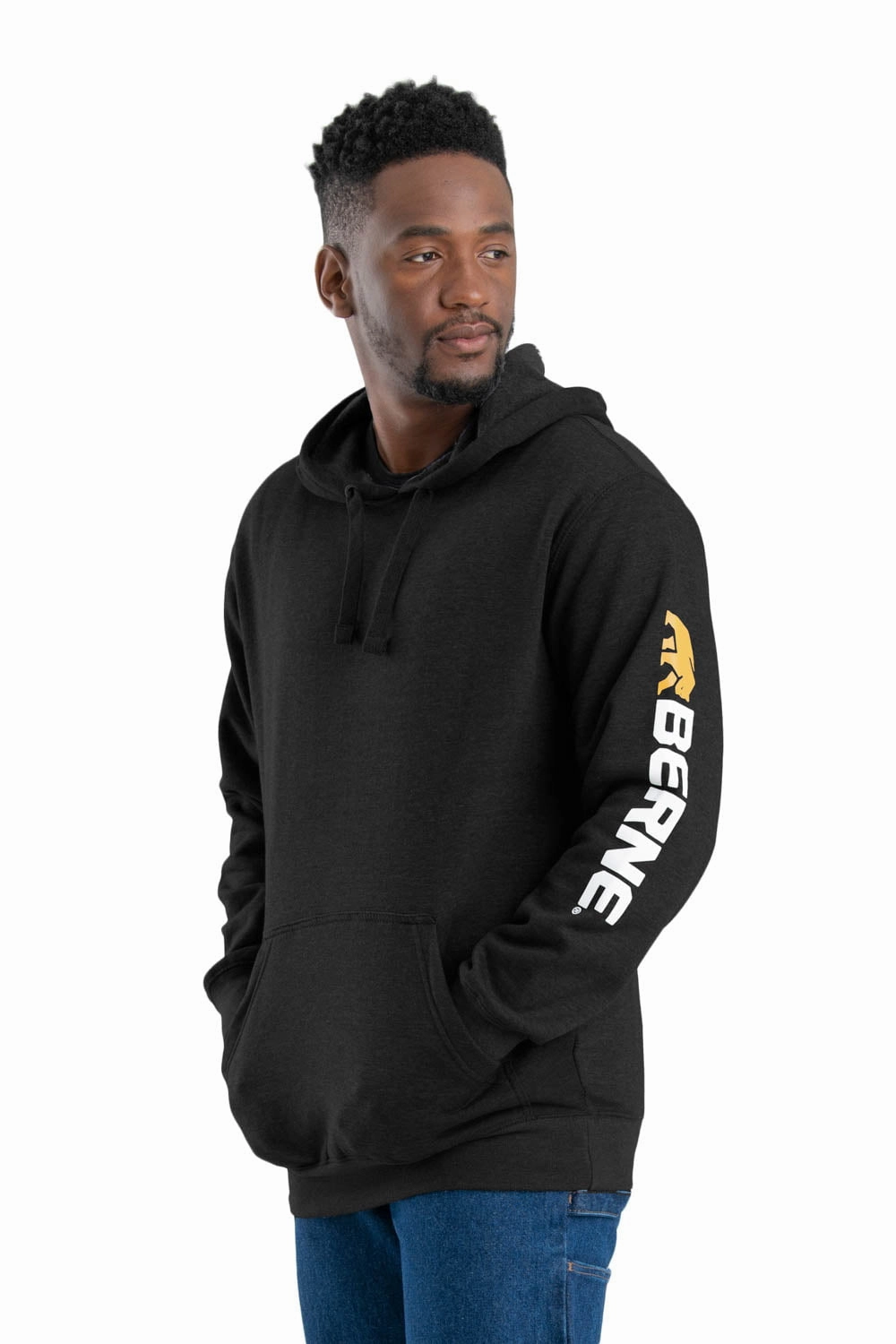 Berne Mens Black Cotton Blend Pullover Hooded Sweatshirt Stretch Comfort Design Lightweight Lining