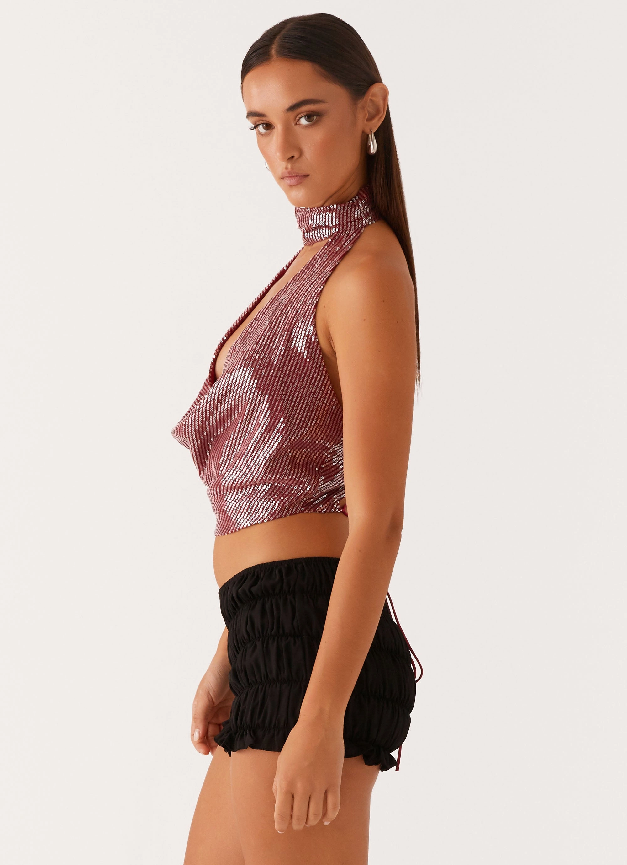 Nora Sequin Cowl Top - Red Adjustable Shoulder Straps