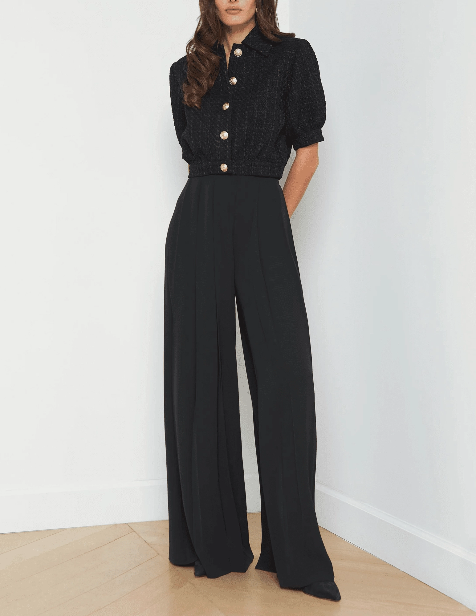 L'AGENCE Nova Pleated Wide Leg Pant in Black LowProfileWaistband