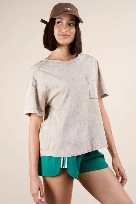 Maggie Mineral Washed Knit Top With Pocket Structured Shoulder Simple Dress