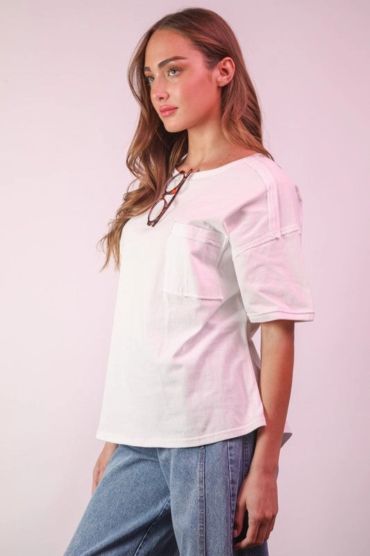 Maggie Mineral Washed Knit Top With Pocket Weighted Hem Design