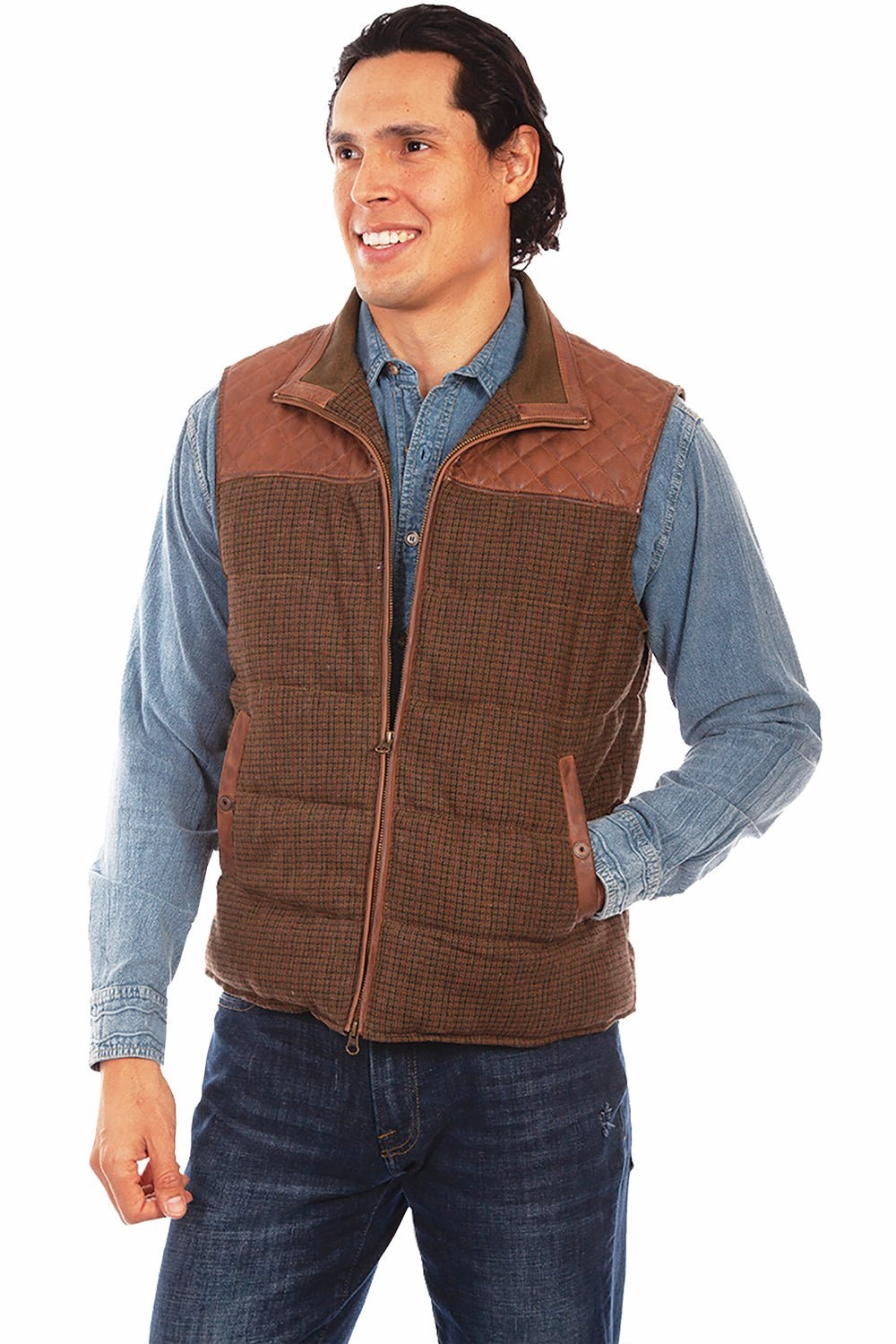 Scully Mens Lightweight Yoke Vintage Brown Leather Leather Vest Stretch Weave Fabric