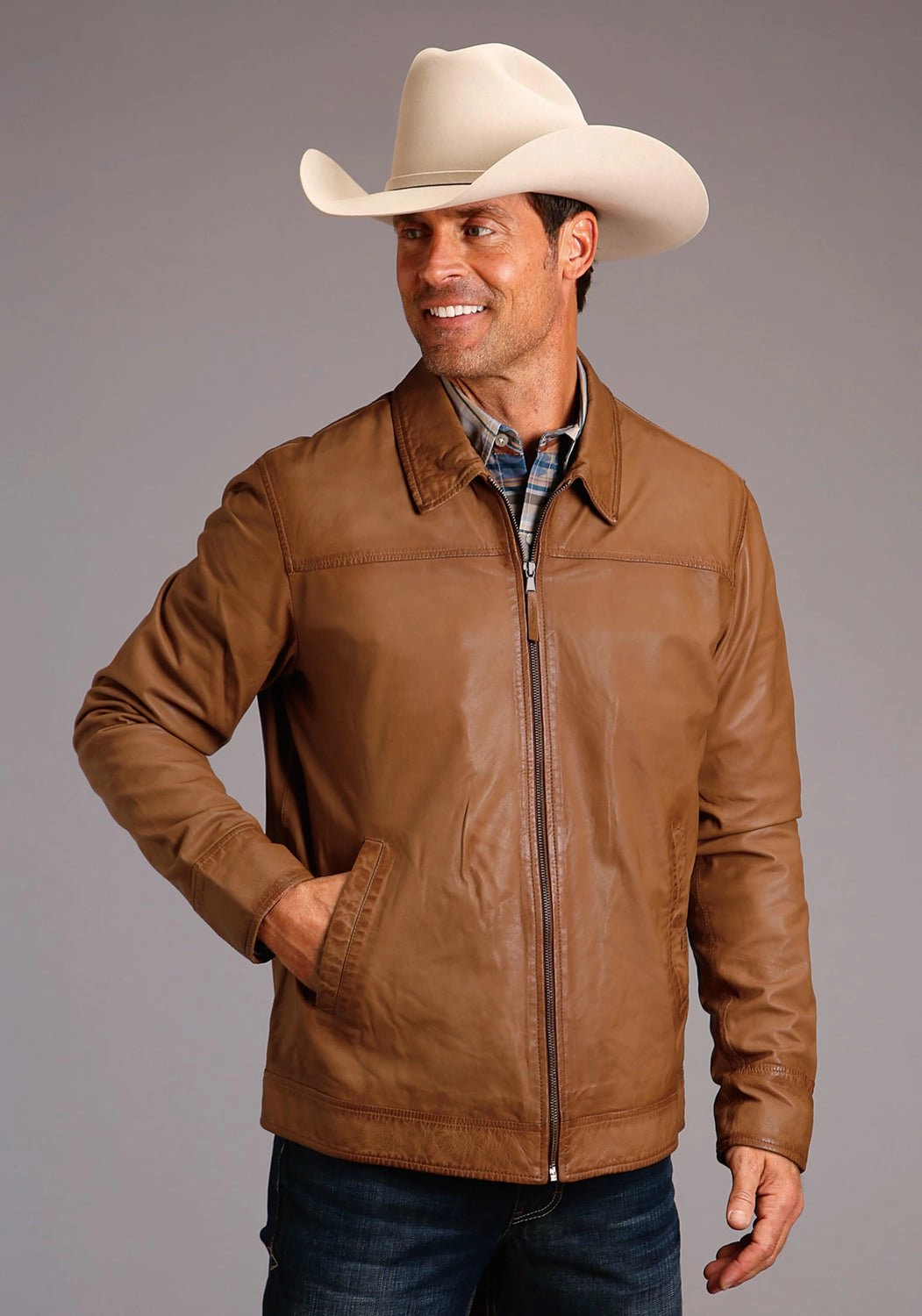 Secure Internal Pockets Thermal Insulated Jacket Stetson Mens Zip Front Lightweight Caramel Leather Leather Jacket