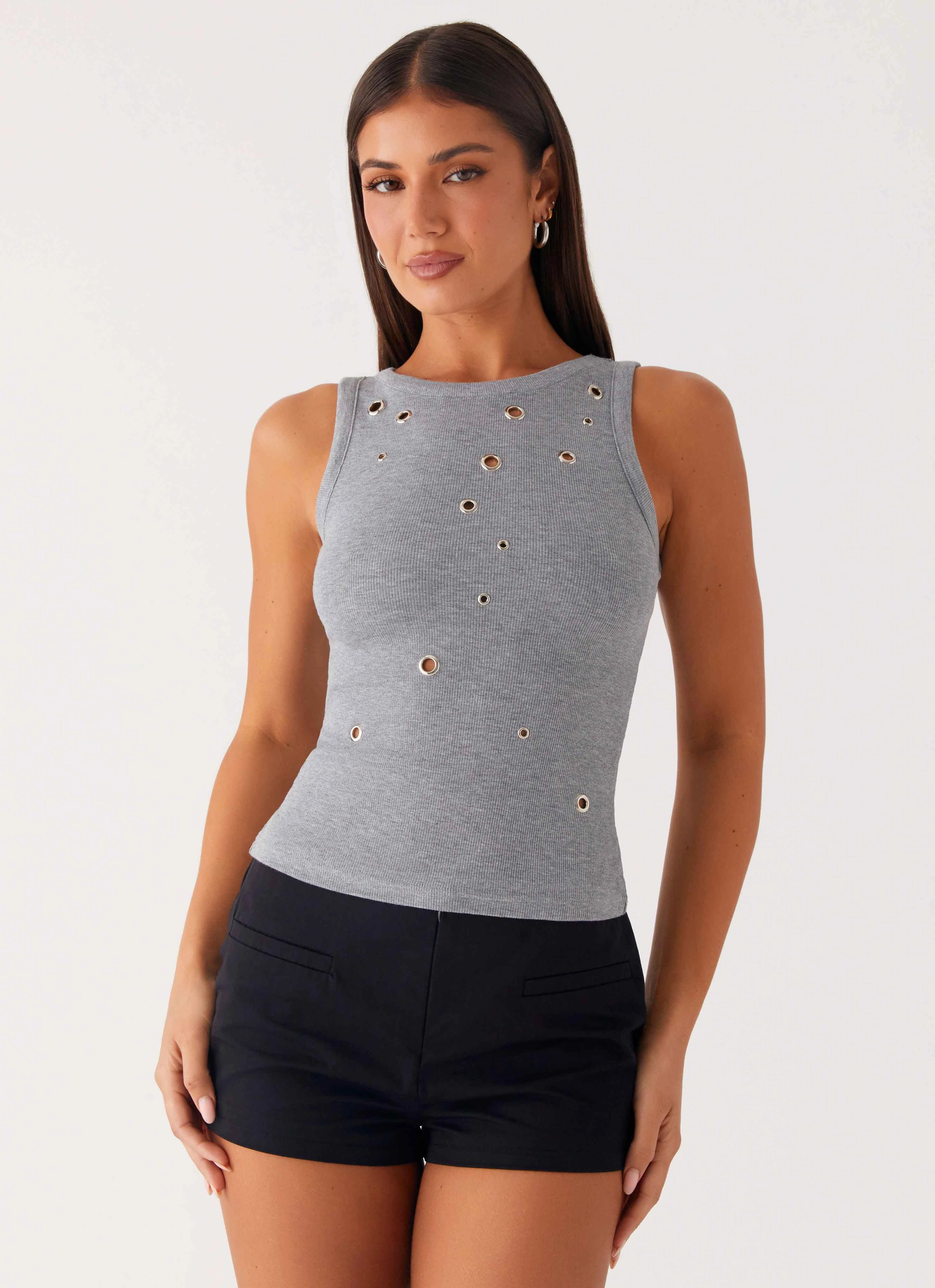 Self Fabric Tie Oblivion Tank Top - Grey