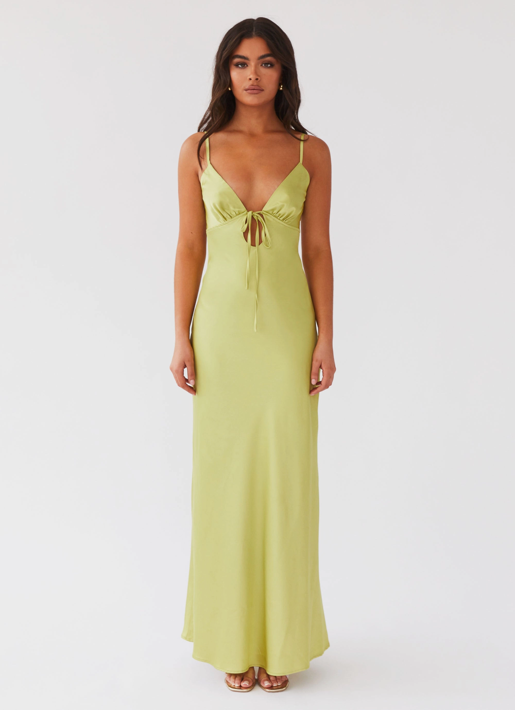 Flora Satin Maxi Dress - Green Expectations High-Low-Hem All Timewear