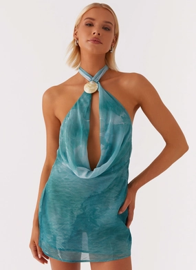 Oceans Away Deep Cowl Mini Dress - Green Tie Dye Perfect Layer