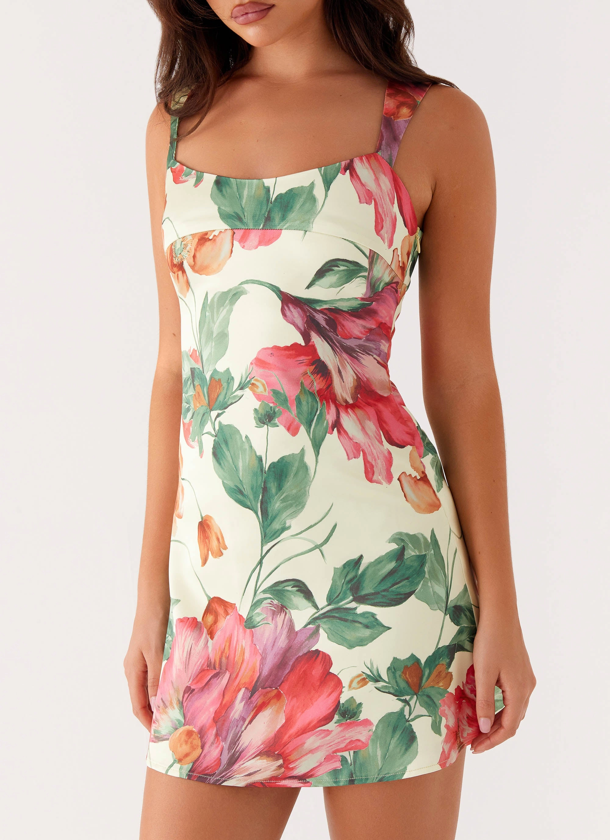 Polite Color Odette Satin Mini Dress - Yellow Floral