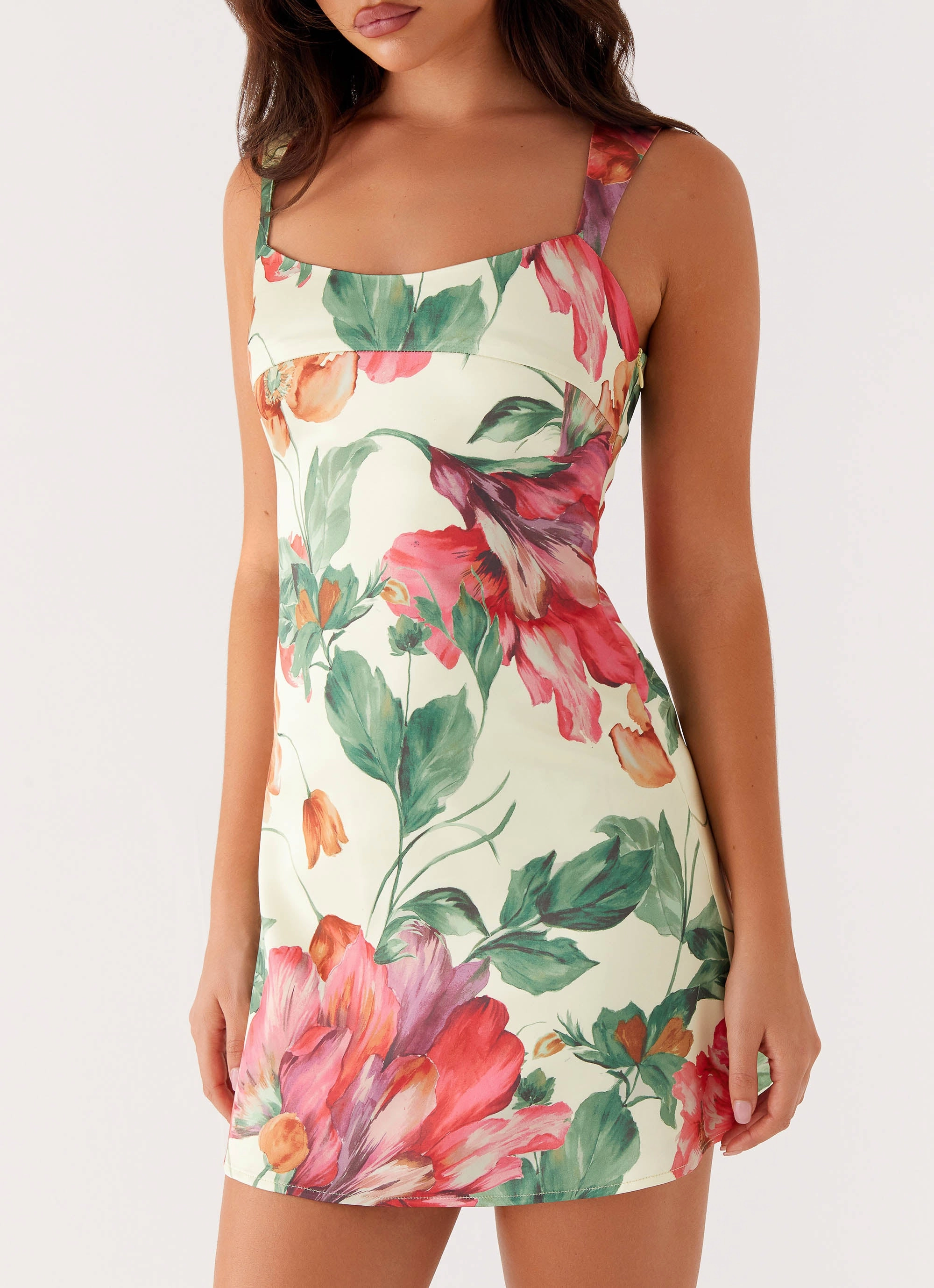 Odette Satin Mini Dress - Yellow Floral Fashionable Look