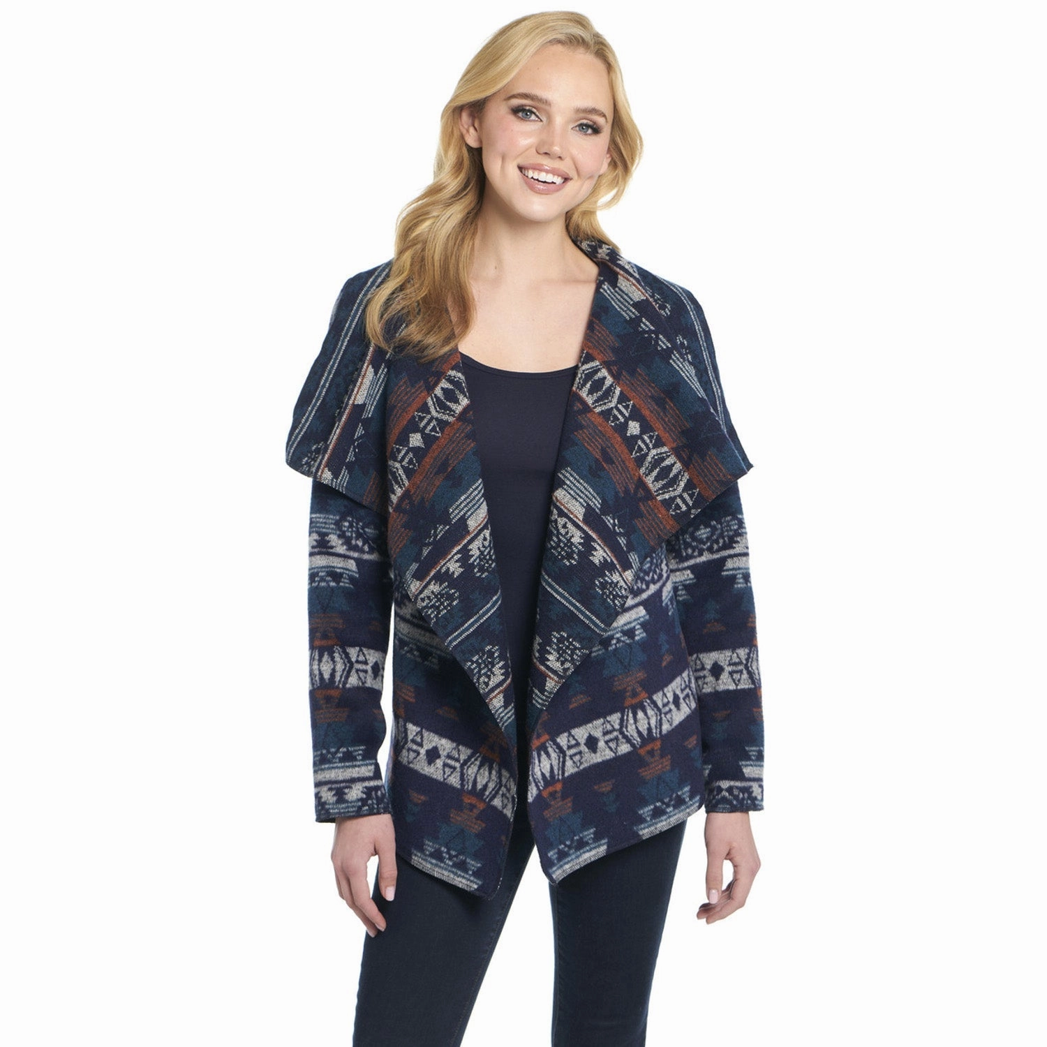 Cripple Creek Womens Navajo Open Front Blanket Wrap Night Dive Polyester Jacket DualLayer Weave