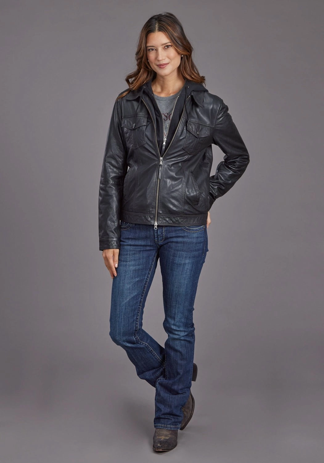 Reflective Safety Details ReinforcedStressPoints Stetson Womens Smooth Jean Style Black Leather Leather Jacket