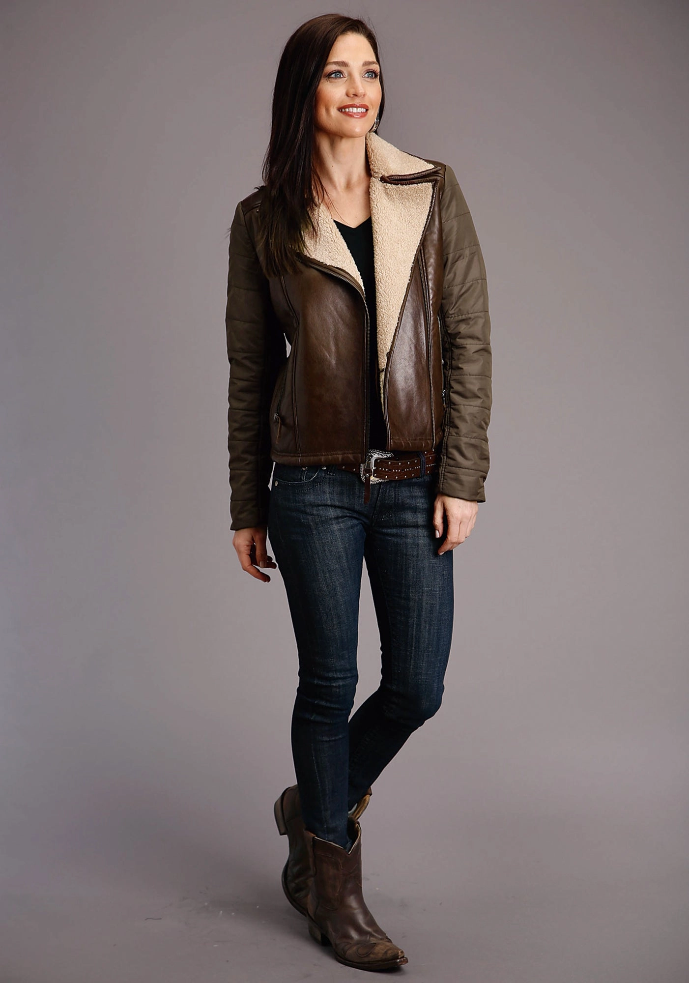 Stetson Womens Dark Brown Leather Motorcycle Jacket Strong Zip